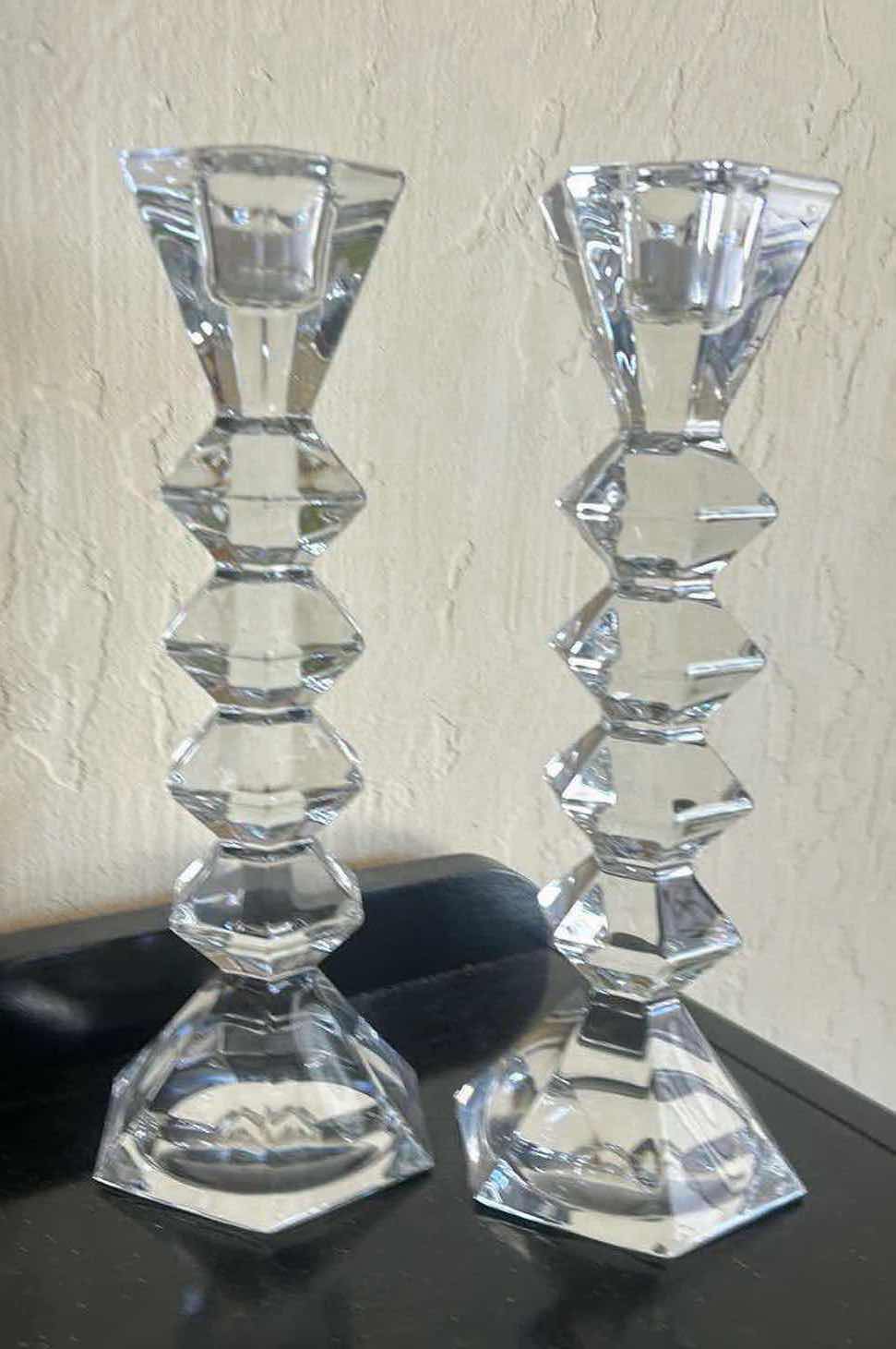 Photo 1 of 2 CRYSTAL/GLASS CANDLE STICKS H10” WITH 2 GOLD TAPER CANDLES