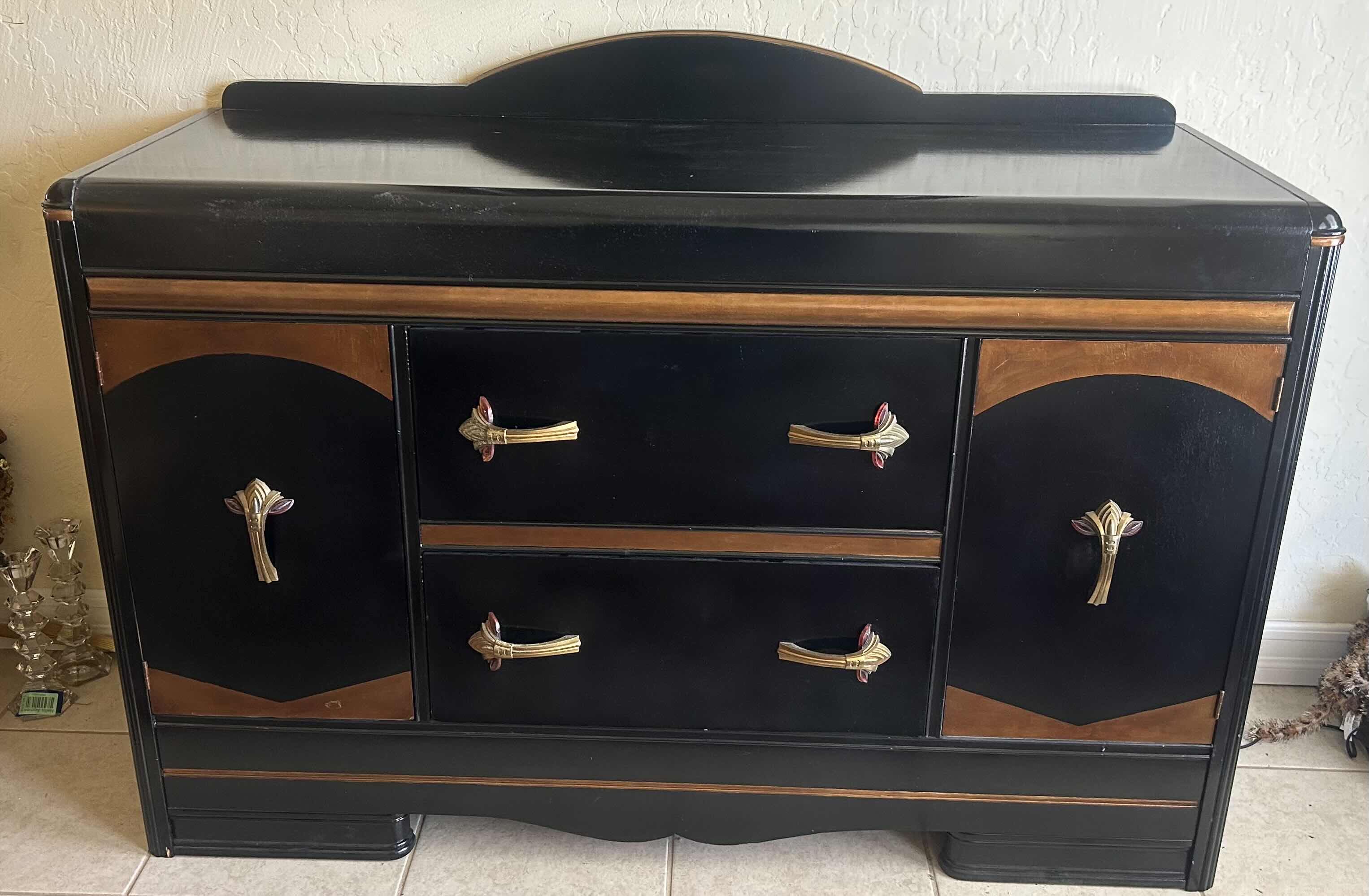 Photo 6 of VINTAGE ART DECO, BLACK AND GOLD. CABINET WITH TWO DRAWERS AND TWO DOORS. 53” X 19.5” X H 38”.