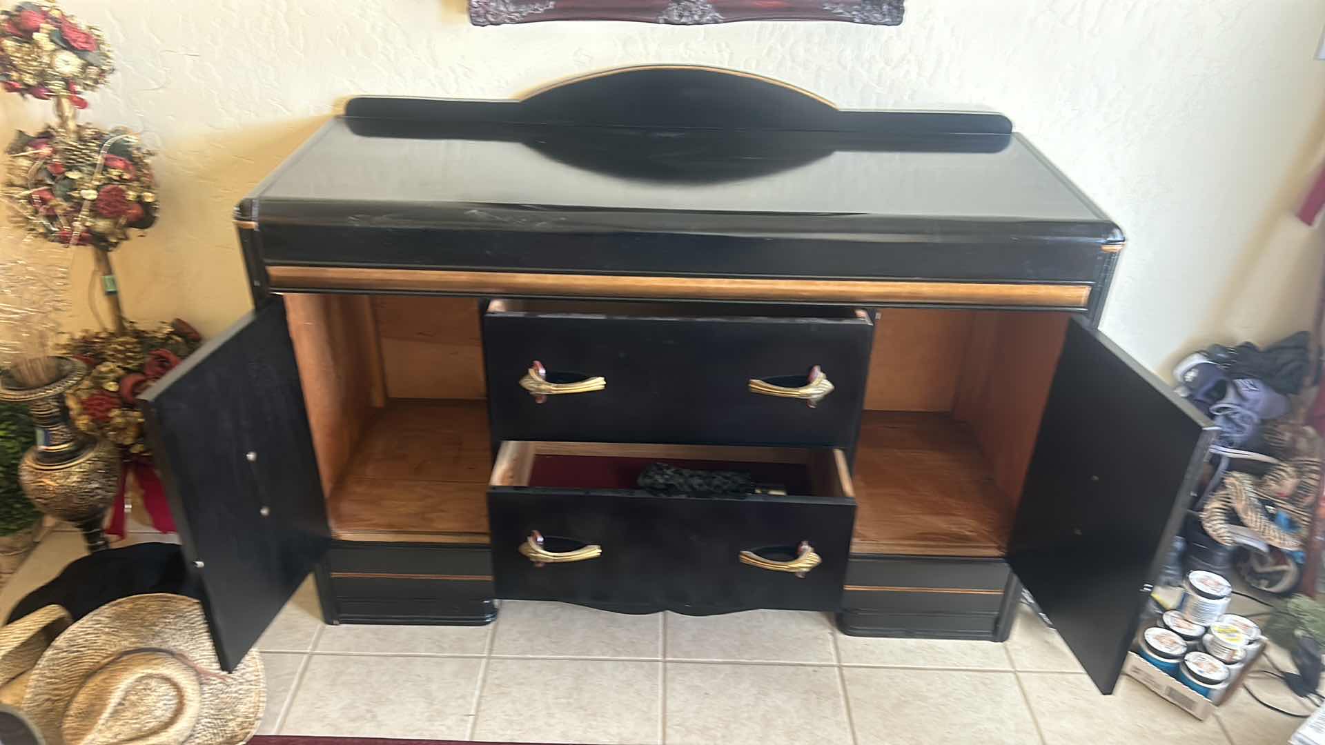 Photo 4 of VINTAGE ART DECO, BLACK AND GOLD. CABINET WITH TWO DRAWERS AND TWO DOORS. 53” X 19.5” X H 38”.