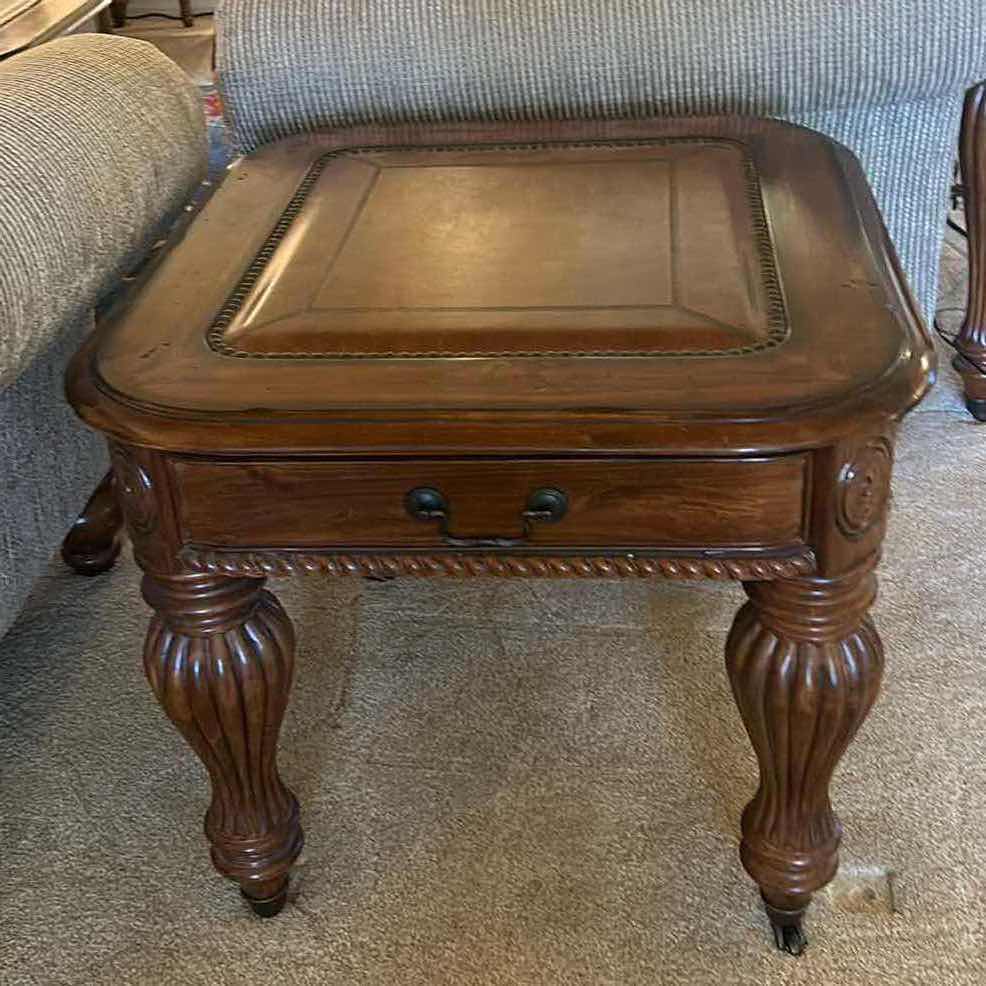 Photo 1 of SIDE TABLE WITH LEATHER INLAY, ONE FELT LINED PULL-OUT DRAWER, 26“ x 27“ x H22“