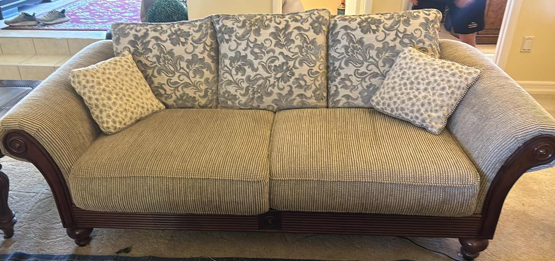 Photo 1 of THOMASVILLE 7.5’ WOOD SOFA WITH UPHOLSTERED CUSHIONS AND PILLOWS.