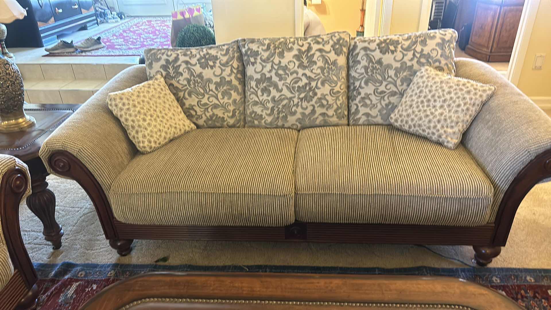 Photo 2 of THOMASVILLE 7.5’ WOOD SOFA WITH UPHOLSTERED CUSHIONS AND PILLOWS.