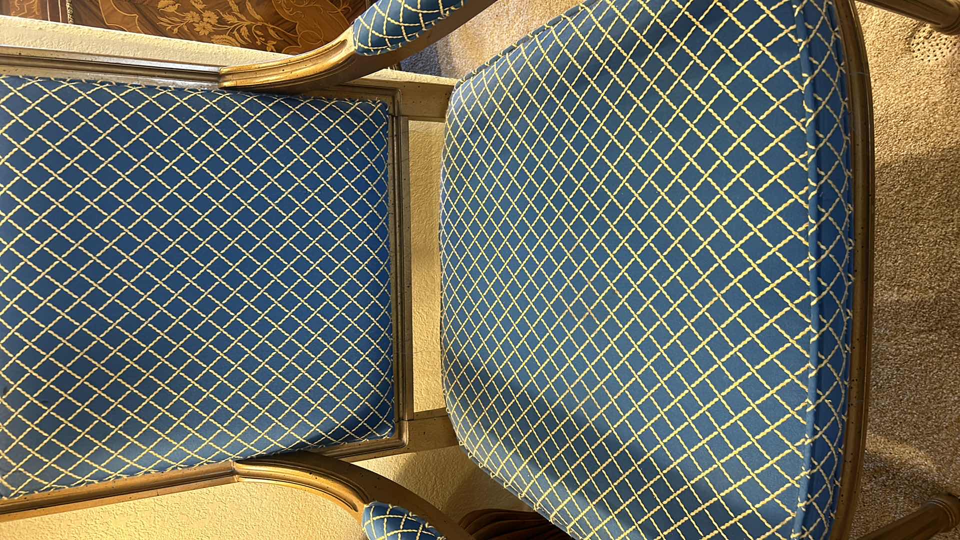 Photo 2 of DELTA FURNITIRE WOOD ARMCHAIR WITH BLUE AND GOLD UPHOLSTERY.