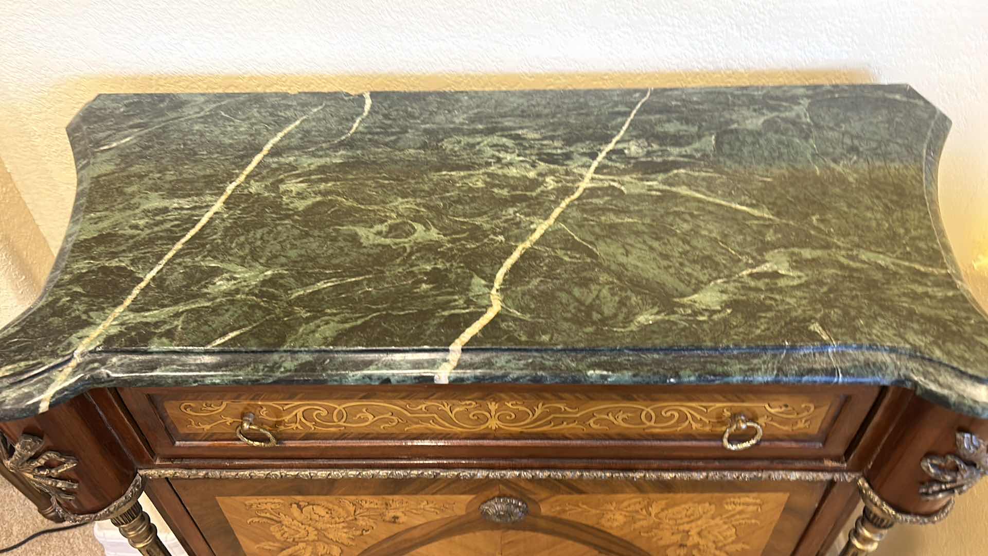 Photo 7 of COMMODE CALAM BRASS ORNATE WOOD CABINET WITH MARBLE TOP 33” X 15” X H 3’. Reproduction of Early French Louis XV Marquetry Bar Cabinet or Commode- GREEN Marble Top