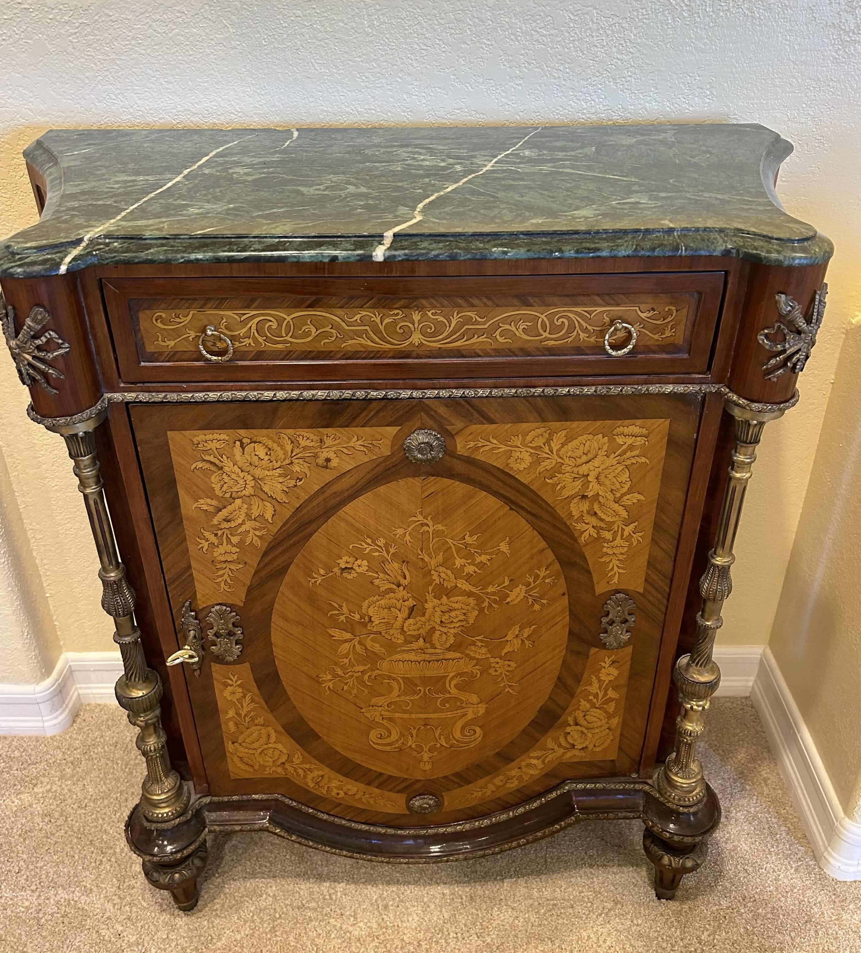 Photo 1 of COMMODE CALAM BRASS ORNATE WOOD CABINET WITH MARBLE TOP 33” X 15” X H 3’. Reproduction of Early French Louis XV Marquetry Bar Cabinet or Commode- GREEN Marble Top