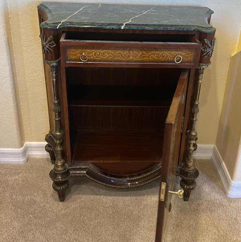 Photo 8 of COMMODE CALAM BRASS ORNATE WOOD CABINET WITH MARBLE TOP 33” X 15” X H 3’. Reproduction of Early French Louis XV Marquetry Bar Cabinet or Commode- GREEN Marble Top