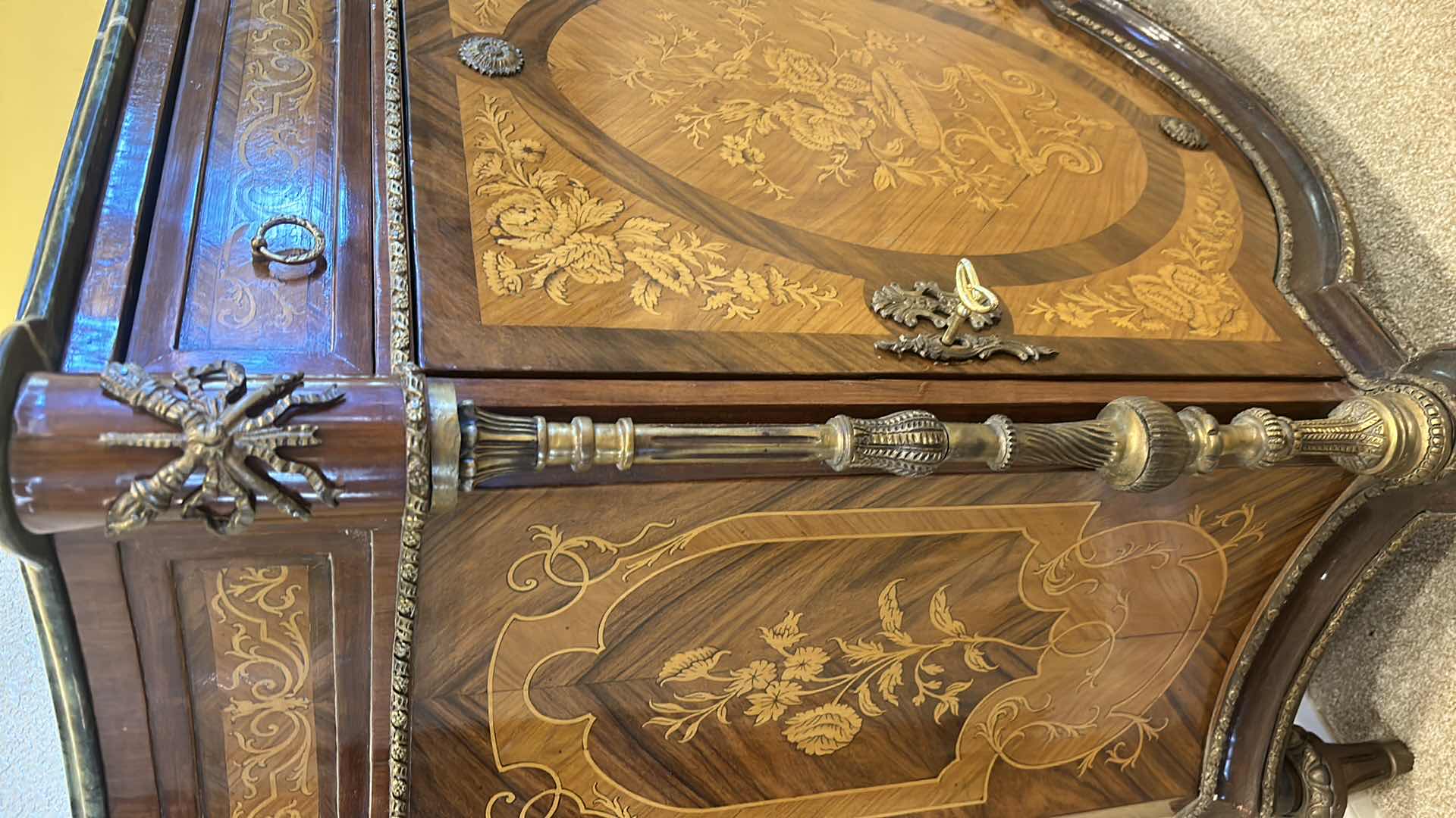 Photo 2 of COMMODE CALAM BRASS ORNATE WOOD CABINET WITH MARBLE TOP 33” X 15” X H 3’. Reproduction of Early French Louis XV Marquetry Bar Cabinet or Commode- GREEN Marble Top