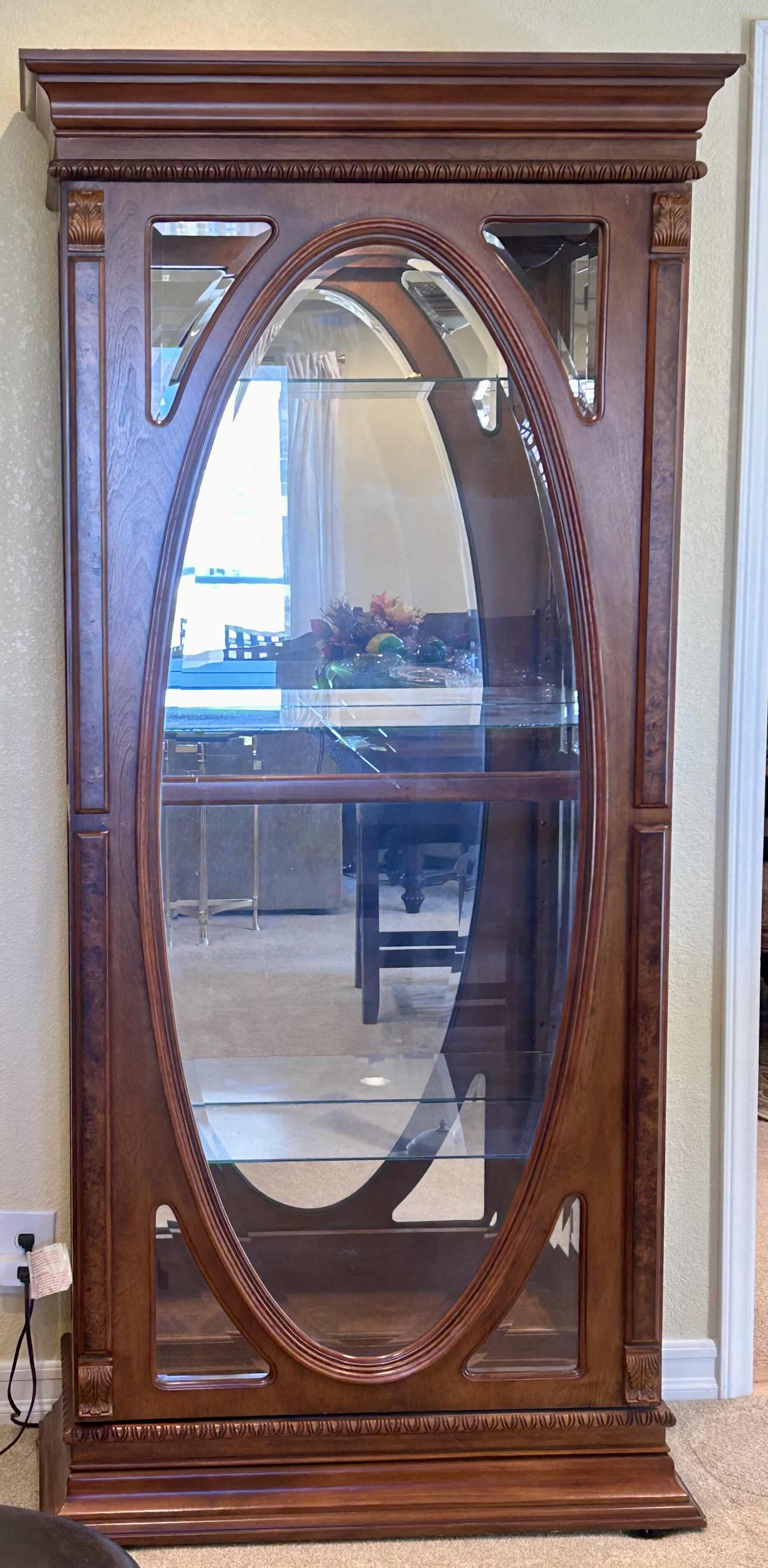 Photo 8 of LIGHTED WOOD CABINET WITH BEVELED GLASS, SLIDING DOOR, AND THREE GLASS SHELVES. 33“ x 15 1/2“ x H77“.