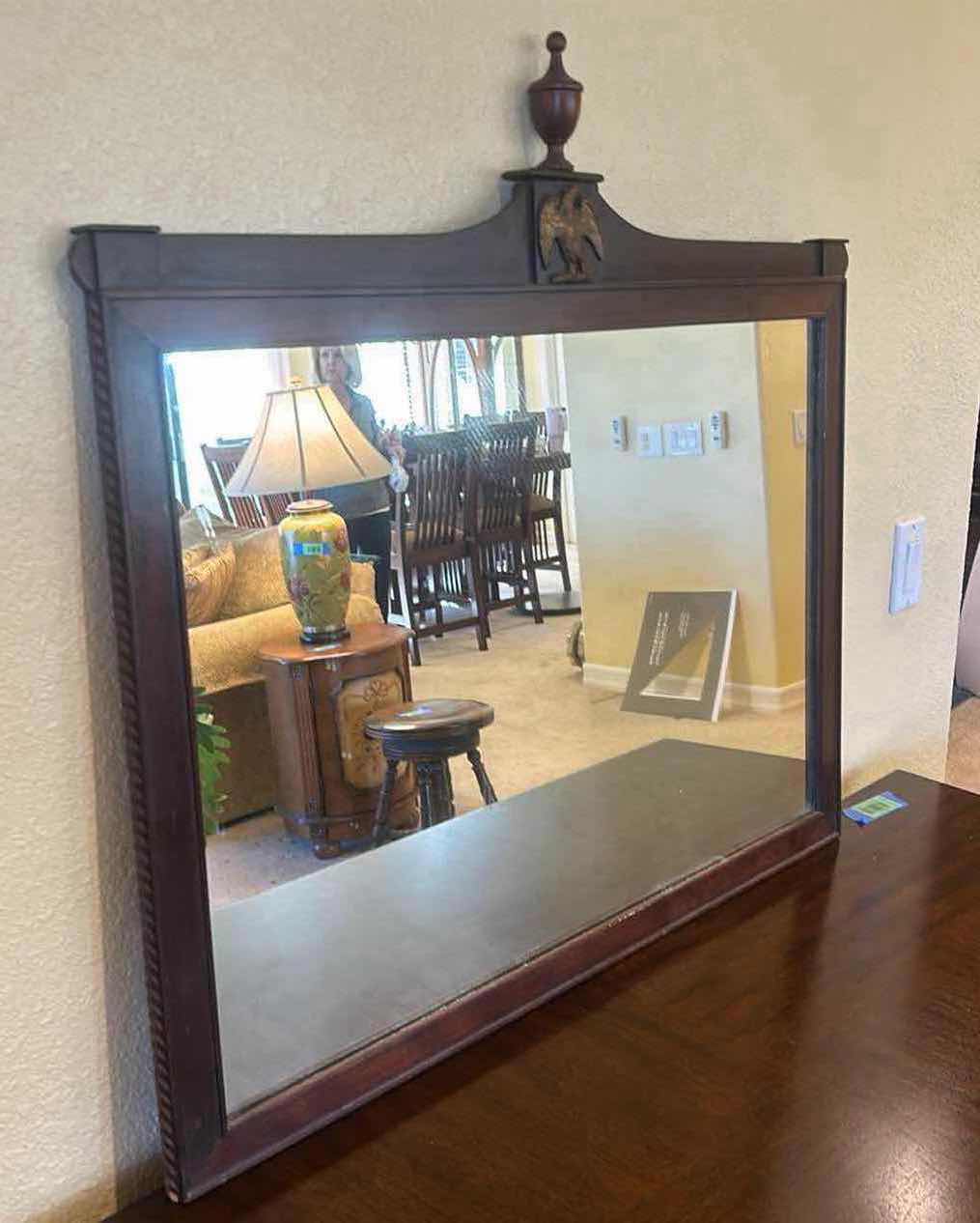 Photo 1 of VINTAGE WOOD FRAMED MIRROR WITH EAGLE EMBLEM 33” x 31”