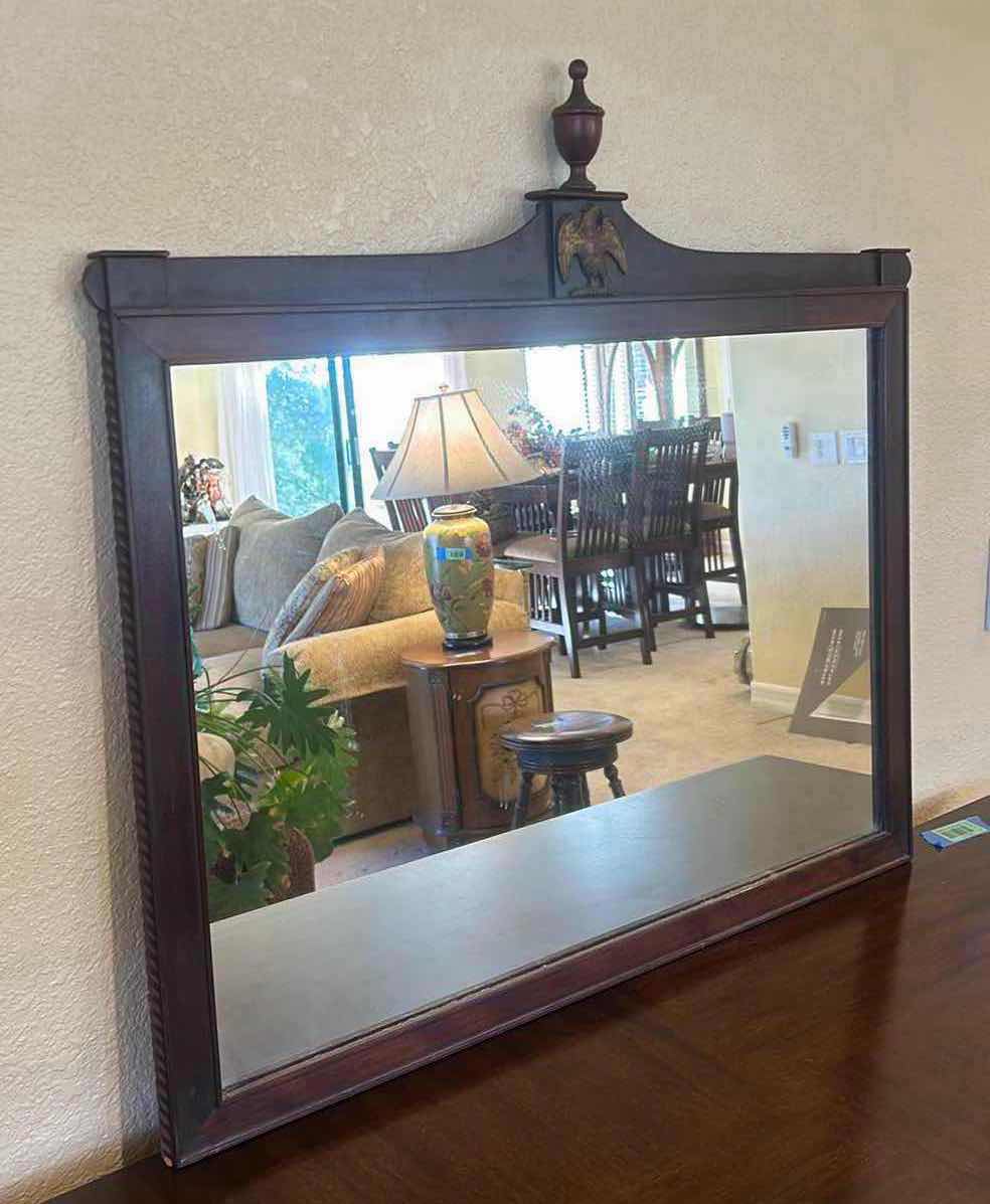 Photo 2 of VINTAGE WOOD FRAMED MIRROR WITH EAGLE EMBLEM 33” x 31”