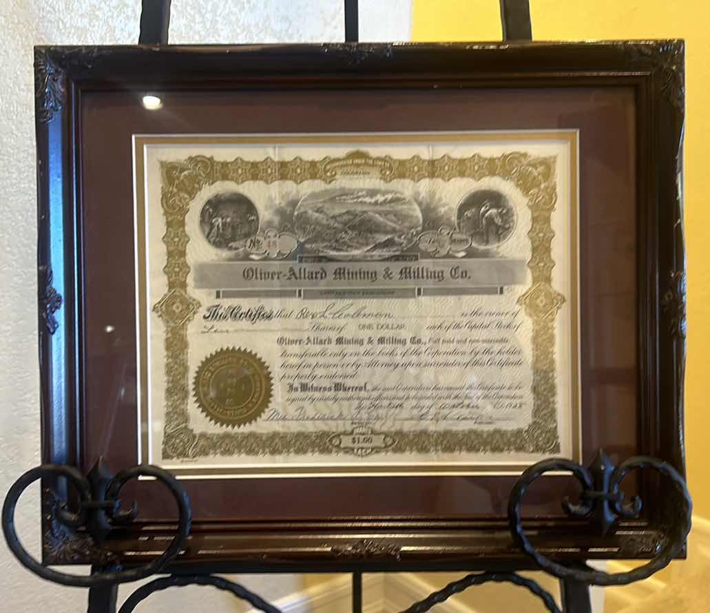 Photo 1 of 1928 FRAMED OLIVER ALLARD MINING AND MILLING COMPANY $1 SHARE. 16“ x H13“.