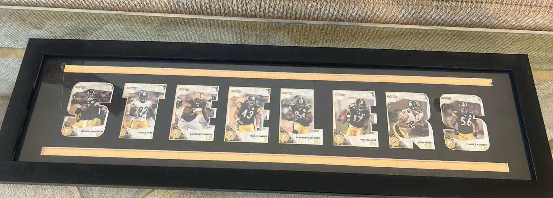 Photo 2 of FRAMED STEELERS FOOTBALL CARD ARTWORK 30” X H 9”.