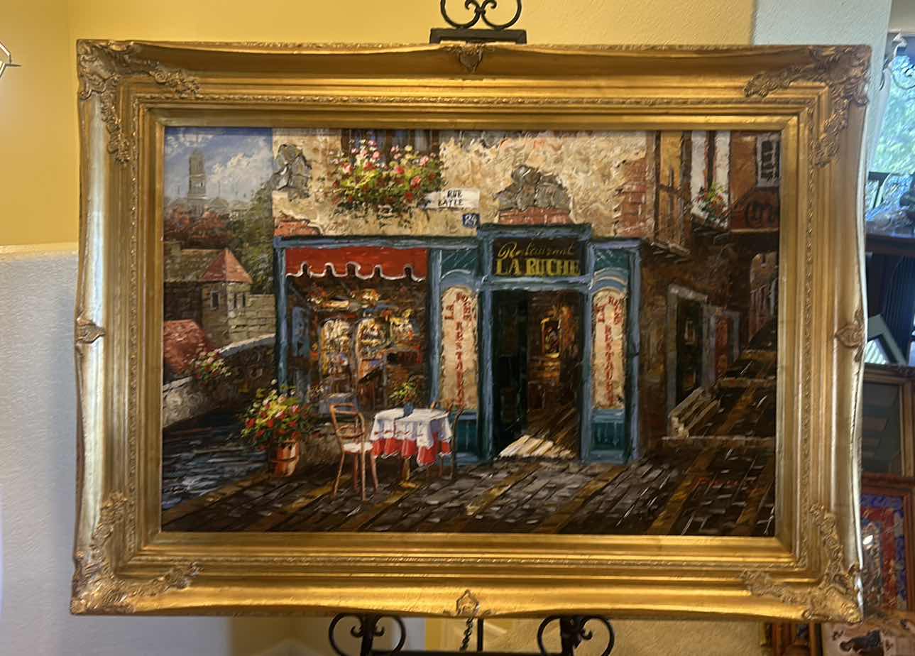 Photo 1 of ORNATE GOLD FRAME OIL ON CANVAS “BISTRO CAFE”  ARTWORK 48” X 33”.