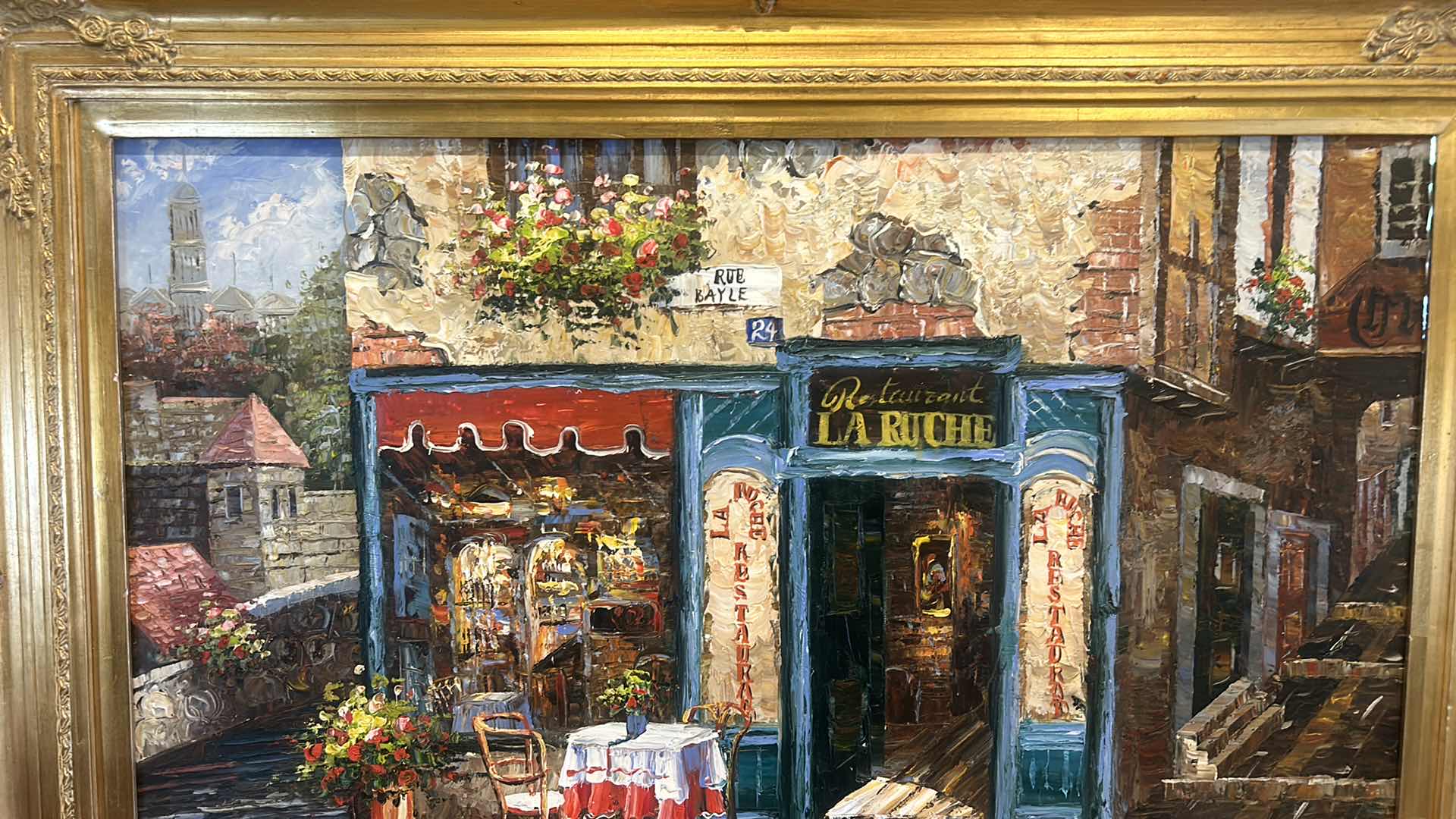 Photo 3 of ORNATE GOLD FRAME OIL ON CANVAS “BISTRO CAFE”  ARTWORK 48” X 33”.