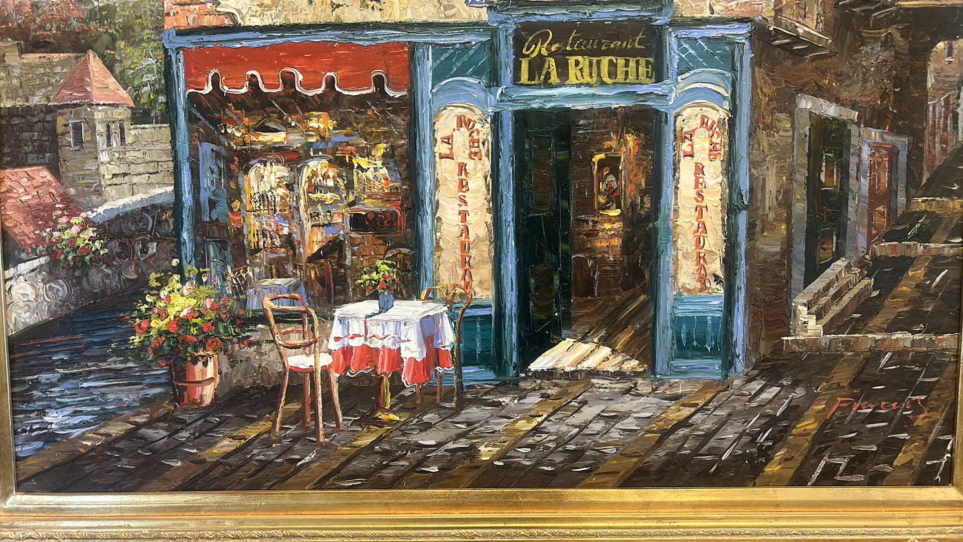 Photo 2 of ORNATE GOLD FRAME OIL ON CANVAS “BISTRO CAFE”  ARTWORK 48” X 33”.