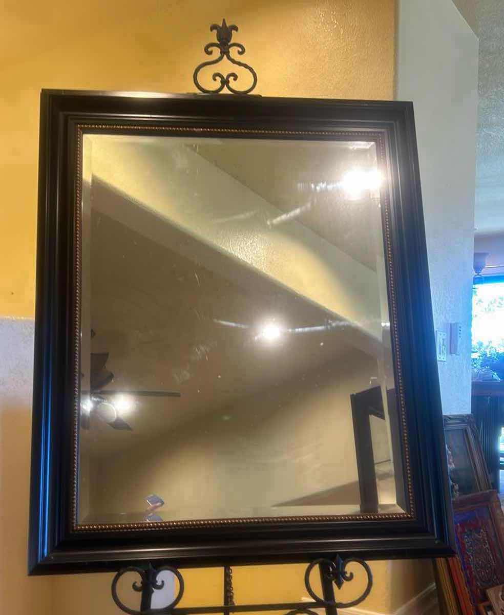 Photo 1 of BLACK FRAMED BEVELED GLASS MIRROR WITH GOLD ROPING 28” X H 33”.