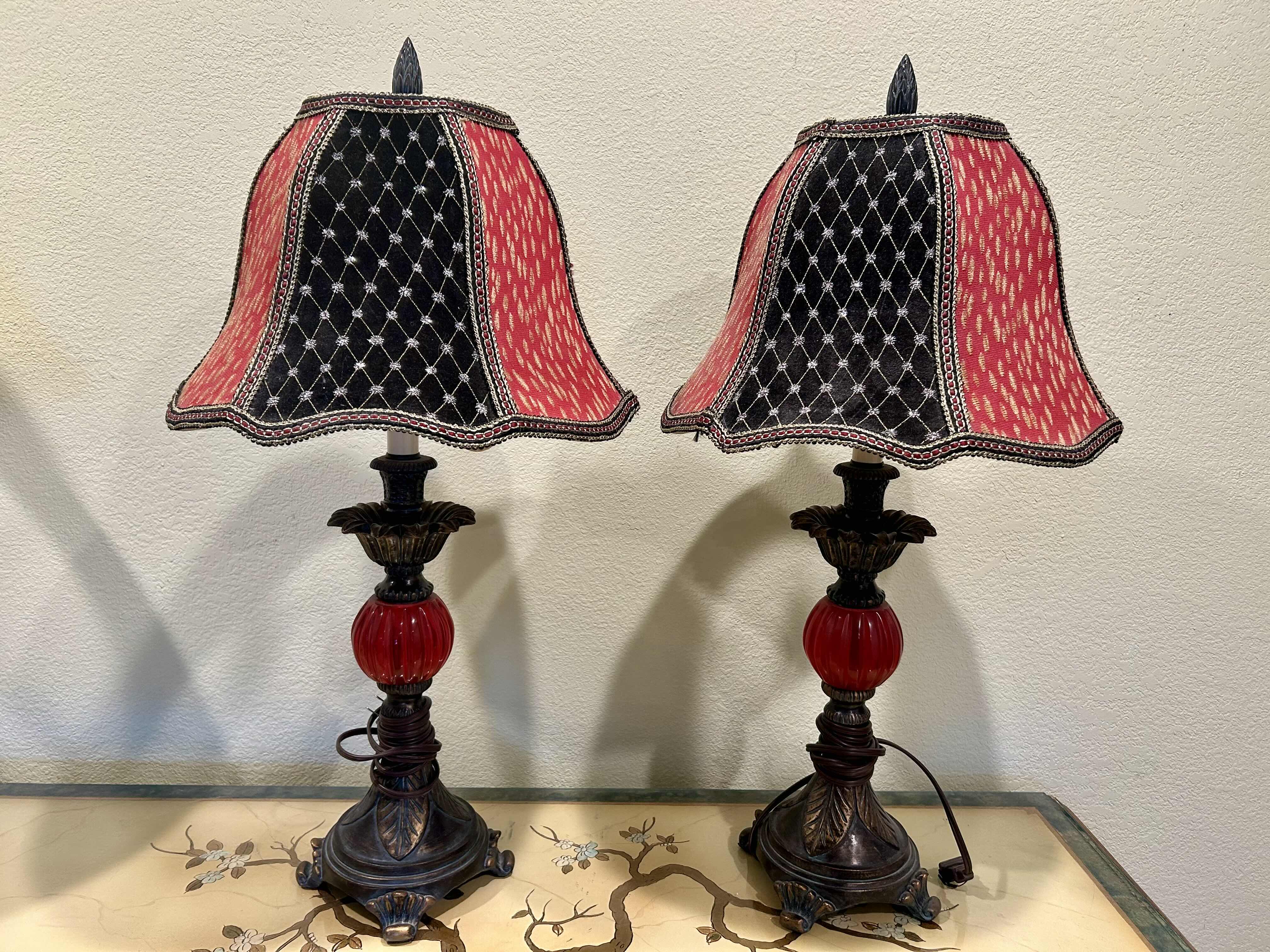 Photo 1 of PAIR OF MID CENTURY METAL and LUCITE VELVET SHADES TABLE LAMPS

550.00