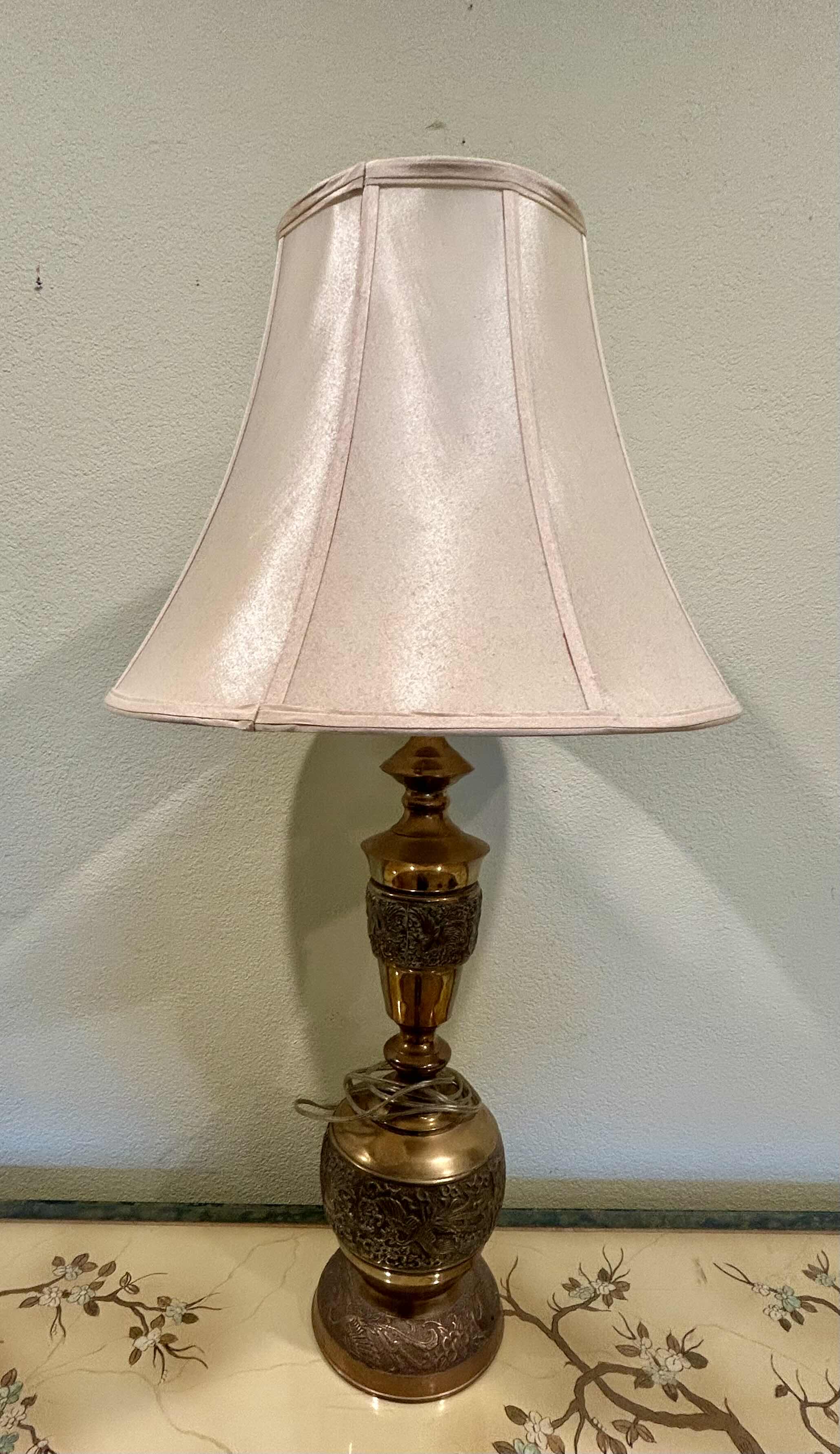 Photo 1 of BRASS LAMP WITH CREAM BELL SHADE H 36”