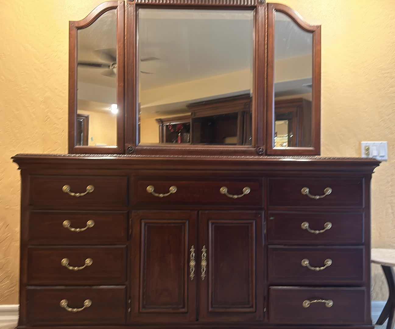 Photo 1 of 13 DRAWER WALNUT DRESSER WITH MIRROR (DRESSER 65” X 18” X H 39”.