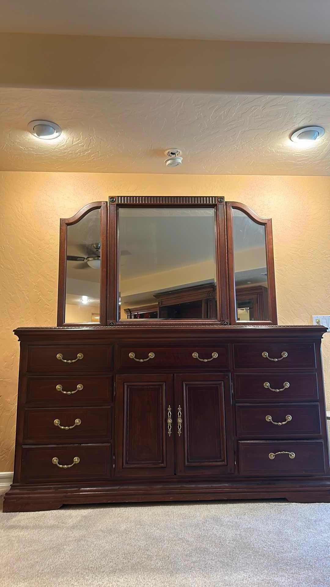 Photo 2 of 13 DRAWER WALNUT DRESSER WITH MIRROR (DRESSER 65” X 18” X H 39”.