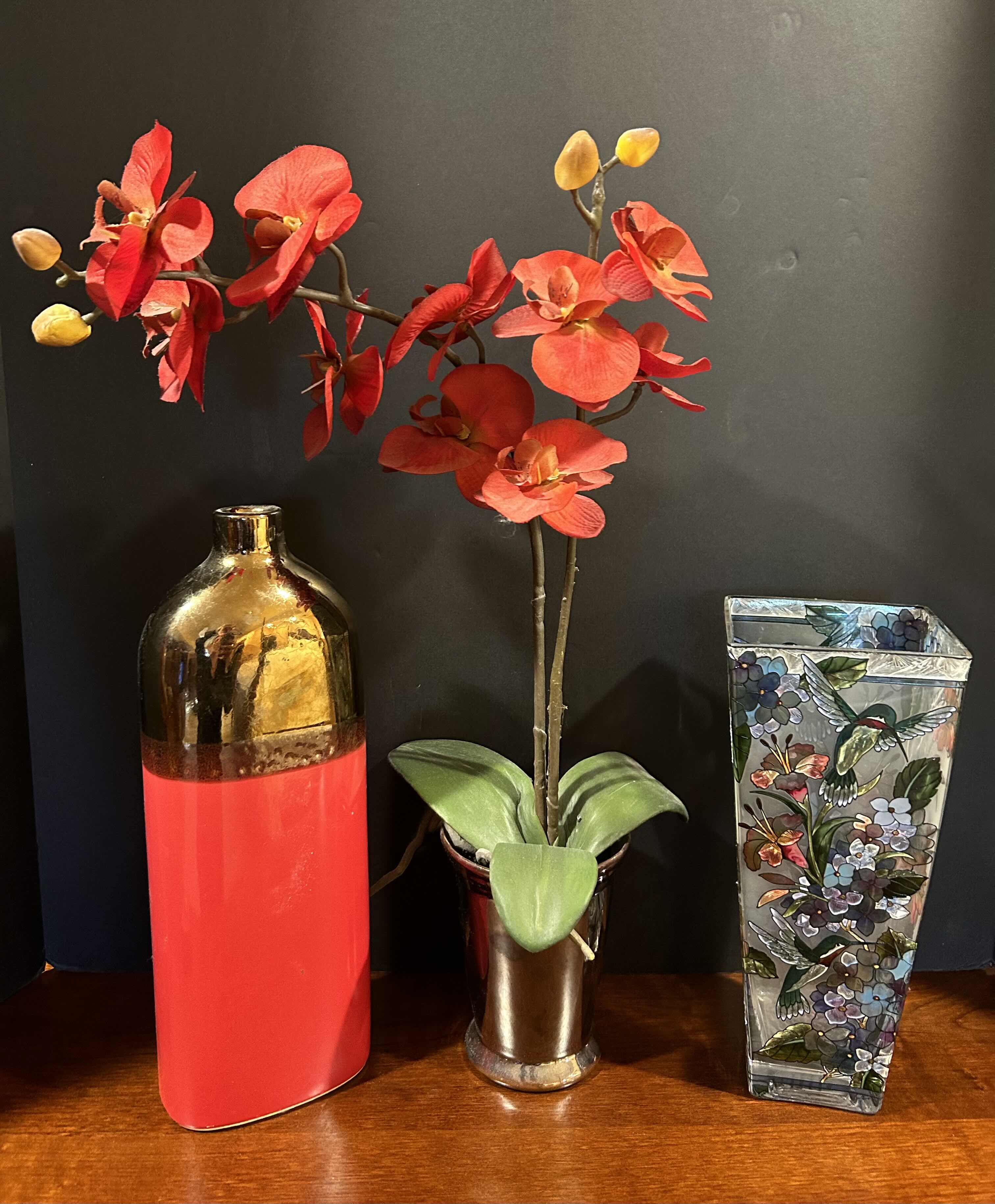Photo 1 of 3 HOME DECOR ITEMS, 2-VASES 8” AND 10” AND 1-FAUX FLOWER ARRANGEMENT