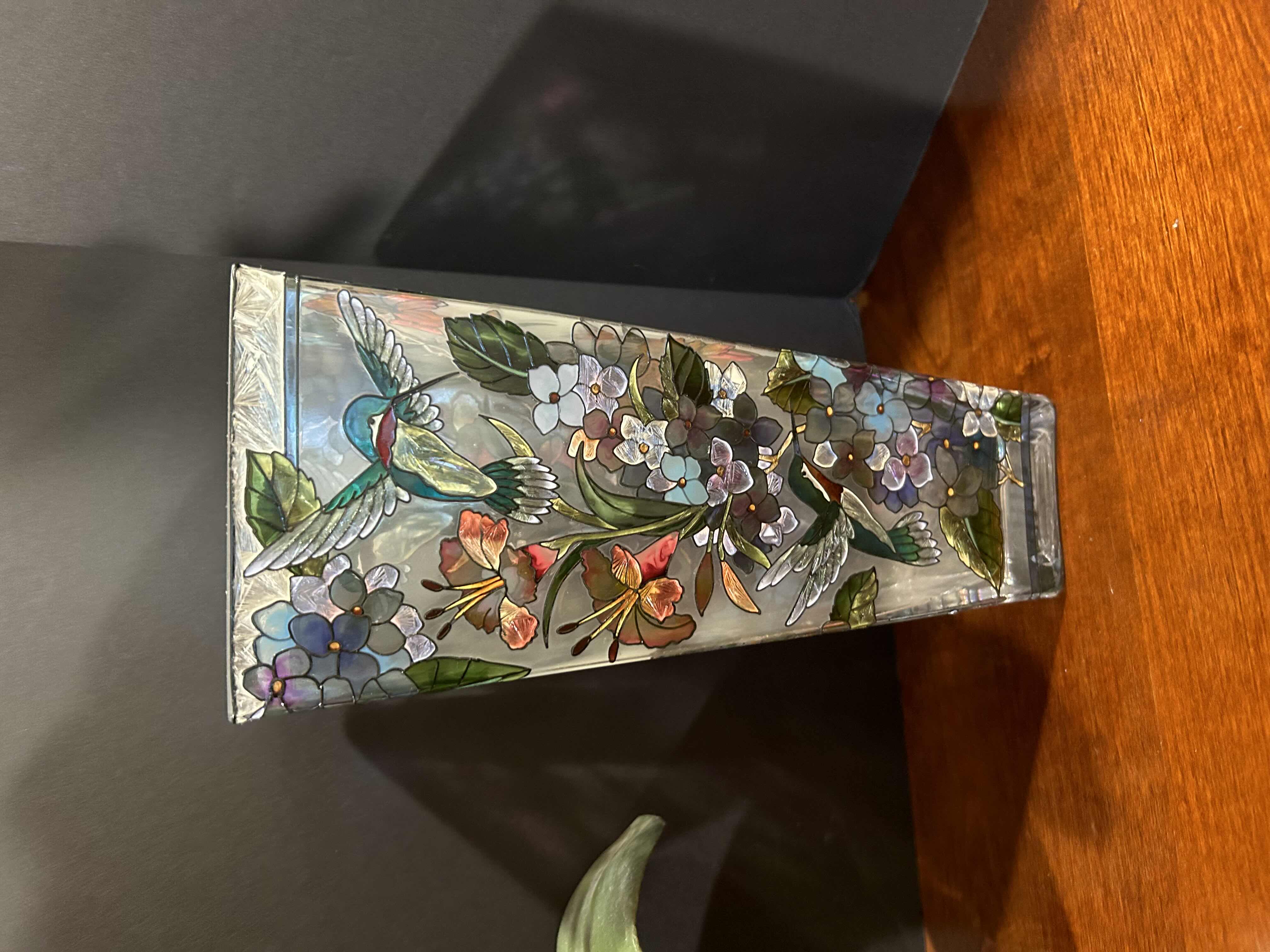 Photo 1 of 3 HOME DECOR ITEMS, 2-VASES 8” AND 10” AND 1-FAUX FLOWER ARRANGEMENT