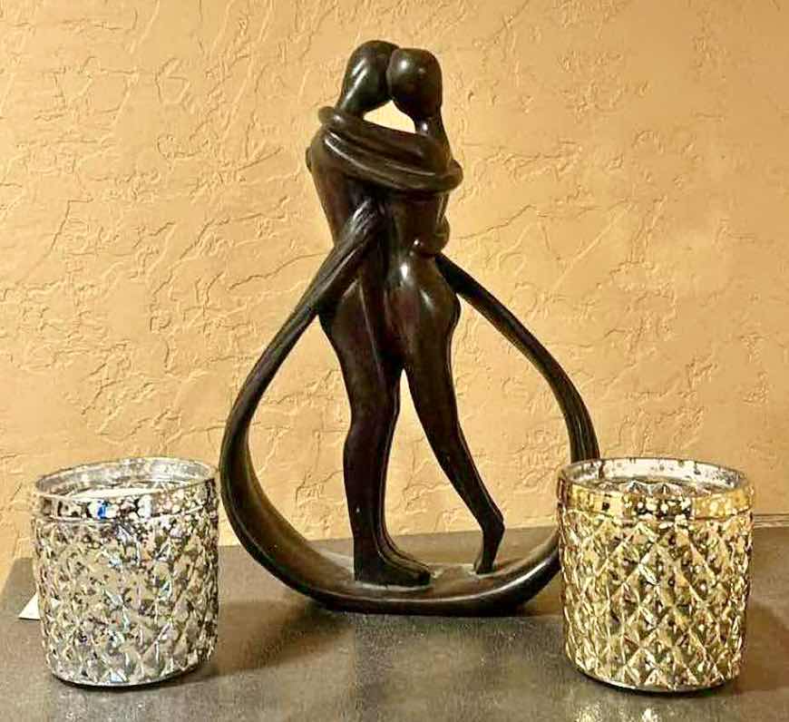 Photo 4 of HOME DECOR- METAL COUPLES EMBRACE SCULPTURE H13” AND TWO CANDLES