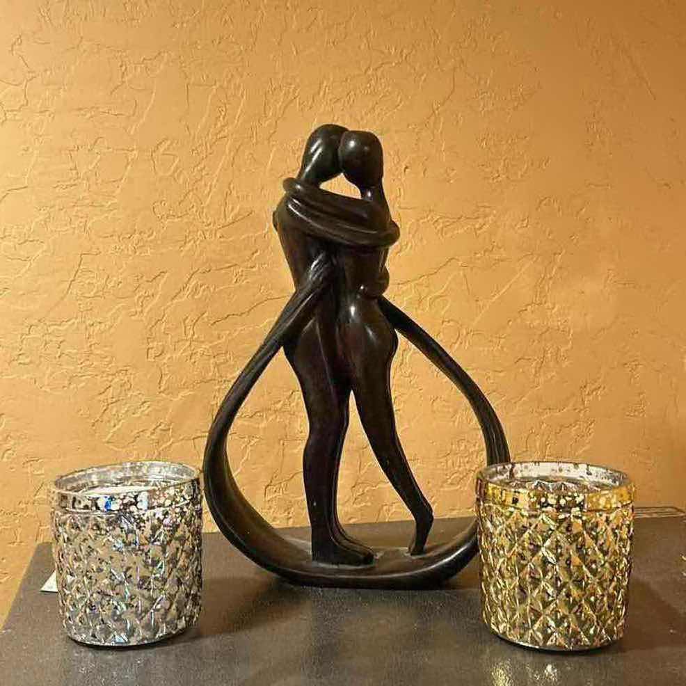 Photo 1 of HOME DECOR- METAL COUPLES EMBRACE SCULPTURE H13” AND TWO CANDLES