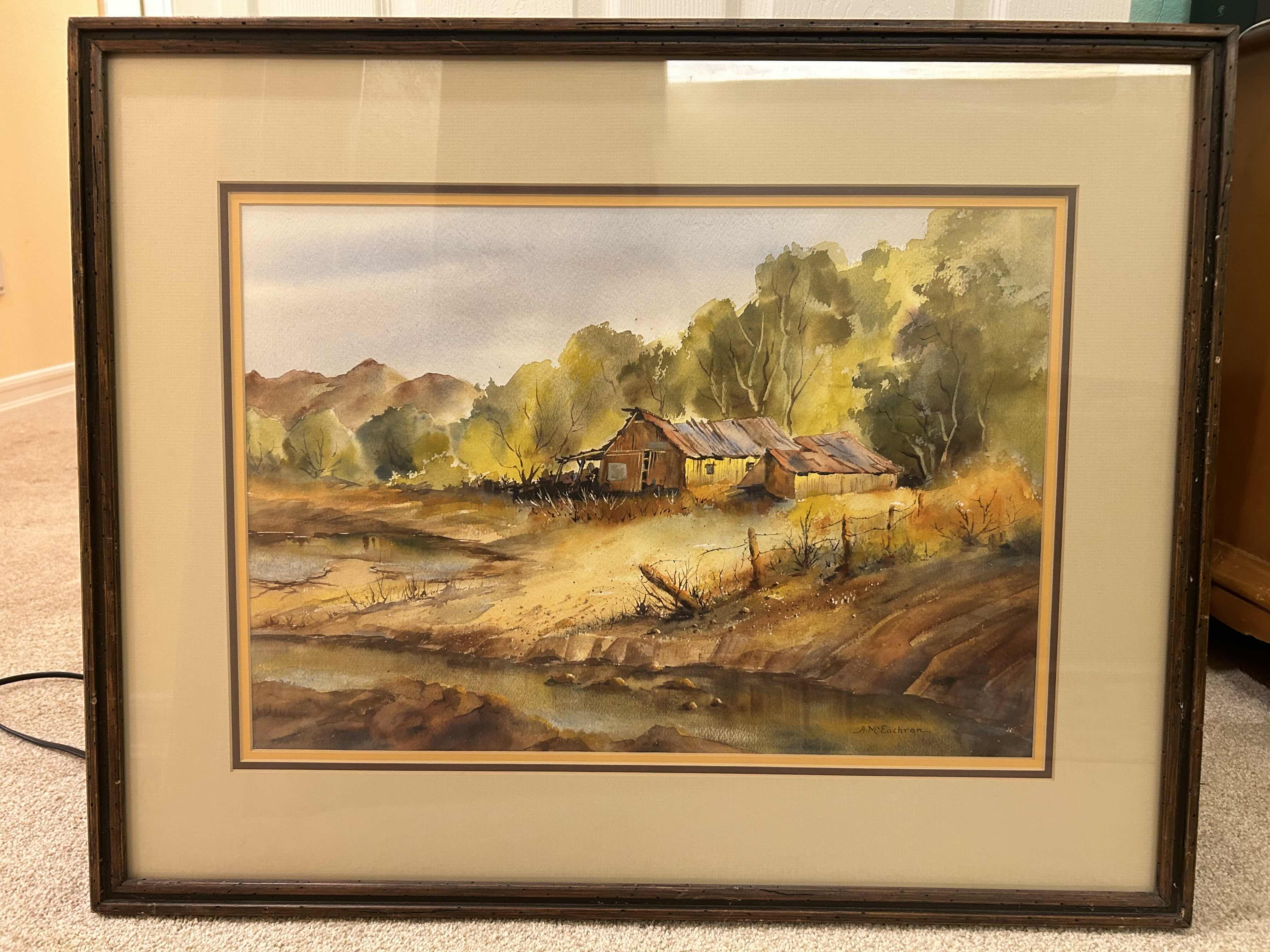 Photo 1 of DARK WOOD FRAMED "OLD CABIN BY THE CREEK" ARTWORK  29” x 23” 