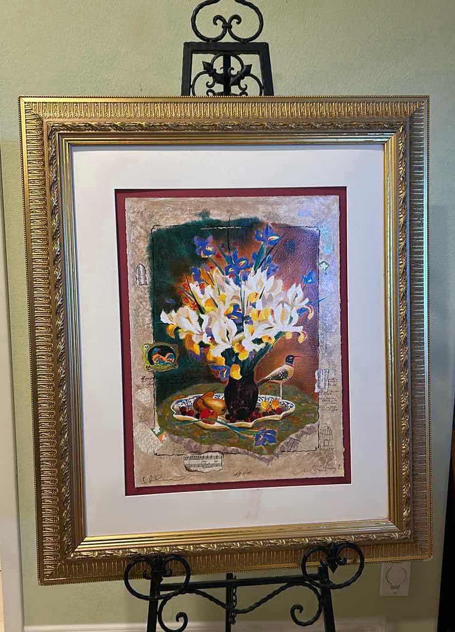 Photo 1 of GOLD FRAMED "BOUQUET W WOODEN BIRD" SERIGRAPH SIGNED IN INK ARTWORK 28" X 32"