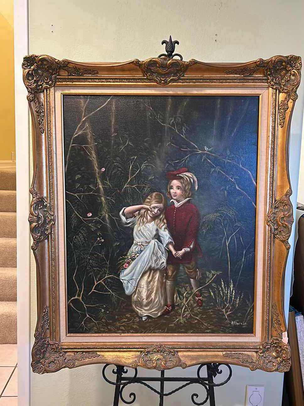 Photo 1 of GOLD ORNATE FRAMED "BOY & GIRL" SIGNED PAINTING ARTWORK 37" X 37"