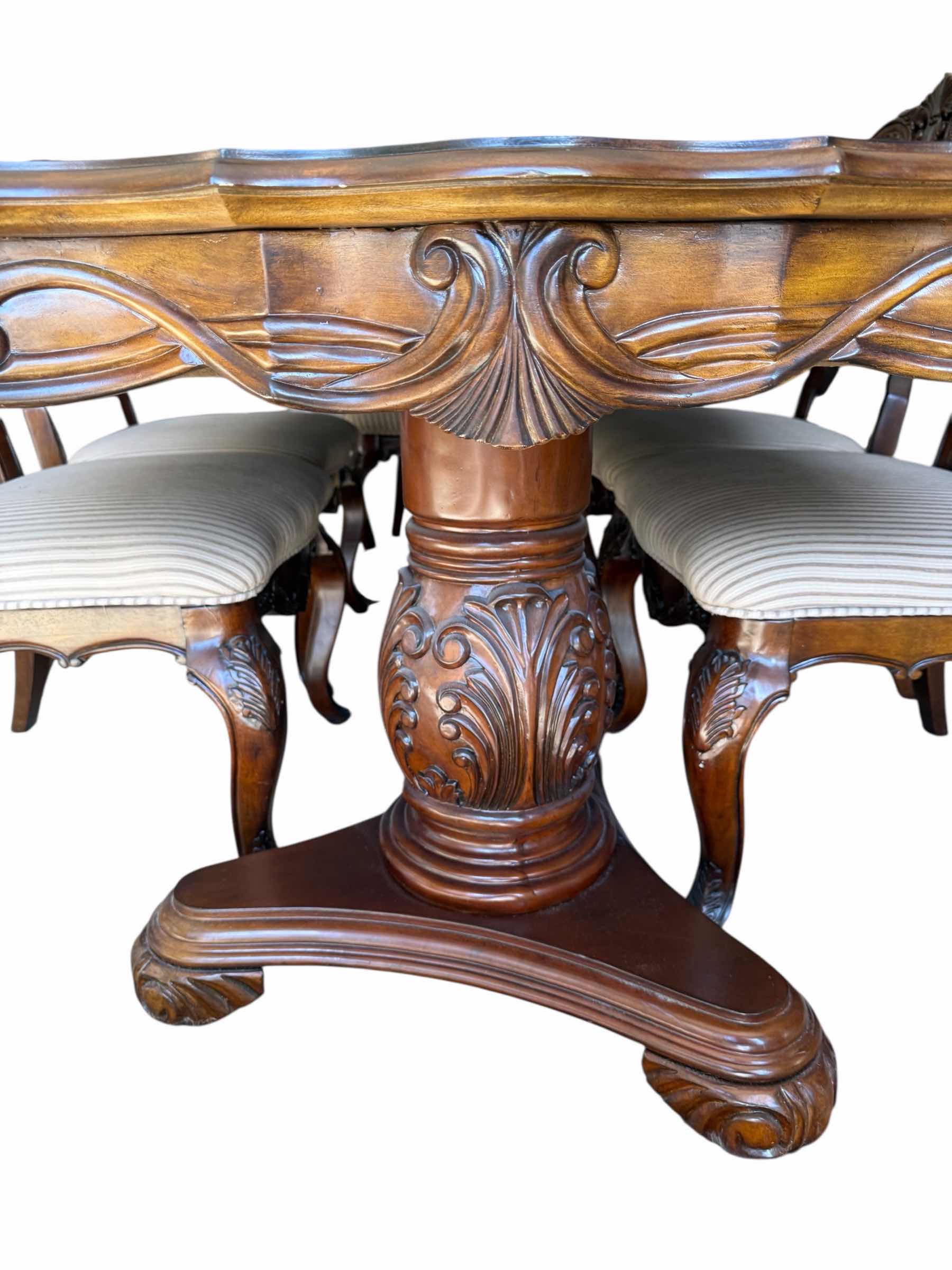 Photo 1 of HEAVY MAHOGANY PEDESTAL CARVED DINING TABLE (81” x 43” H30”) W 2-INSERTS (18” x 42”)-CHAIRS SOLD SEPARATELY