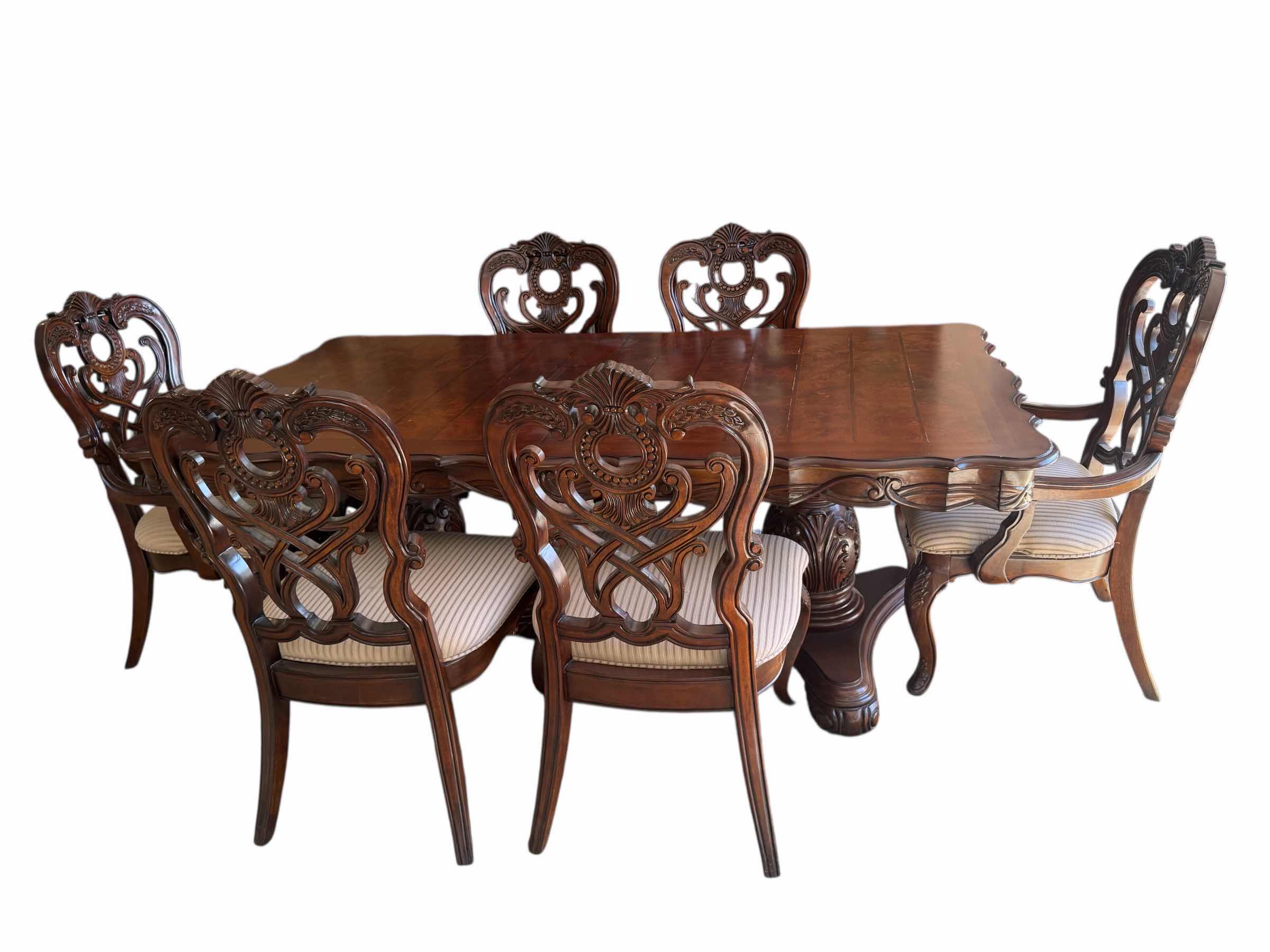 Photo 1 of HEAVY MAHOGANY PEDESTAL CARVED DINING TABLE (81” x 43” H30”) W 2-INSERTS (18” x 42”)-CHAIRS SOLD SEPARATELY