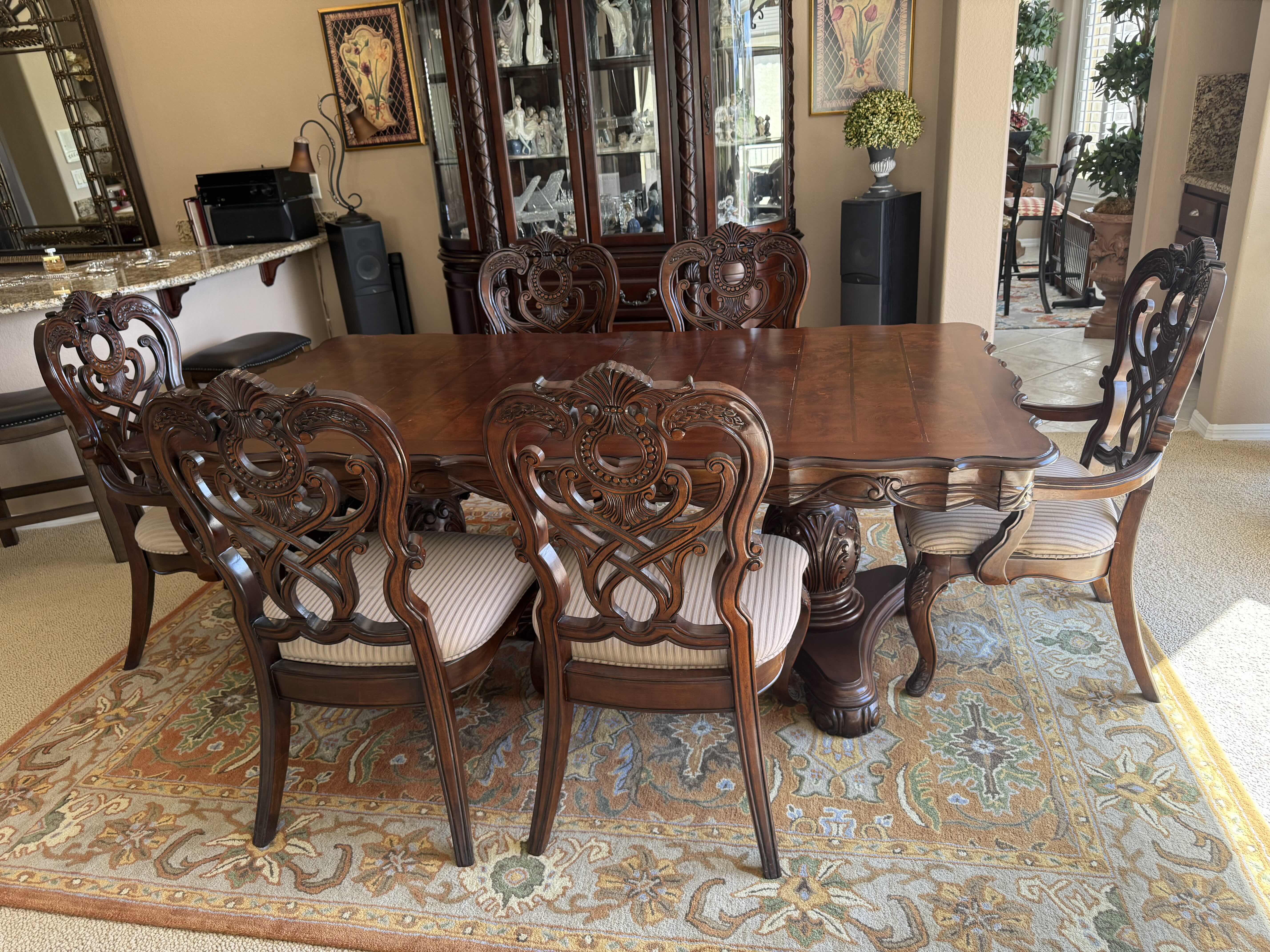 Photo 1 of HEAVY MAHOGANY PEDESTAL CARVED DINING TABLE (81” x 43” H30”) W 2-INSERTS (18” x 42”)-CHAIRS SOLD SEPARATELY