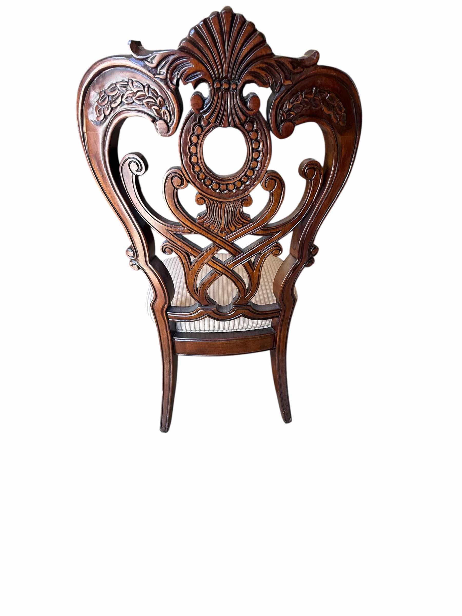 Photo 1 of HEAVY MAHOGANY ORNATE CARVED DINING SIDE CHAIR W BEIGE STRIPED UPHOLSTERED SEAT