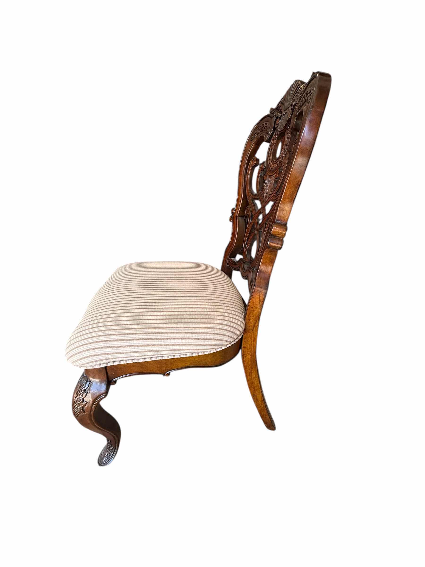 Photo 1 of HEAVY MAHOGANY ORNATE CARVED DINING SIDE CHAIR W BEIGE STRIPED UPHOLSTERED SEAT