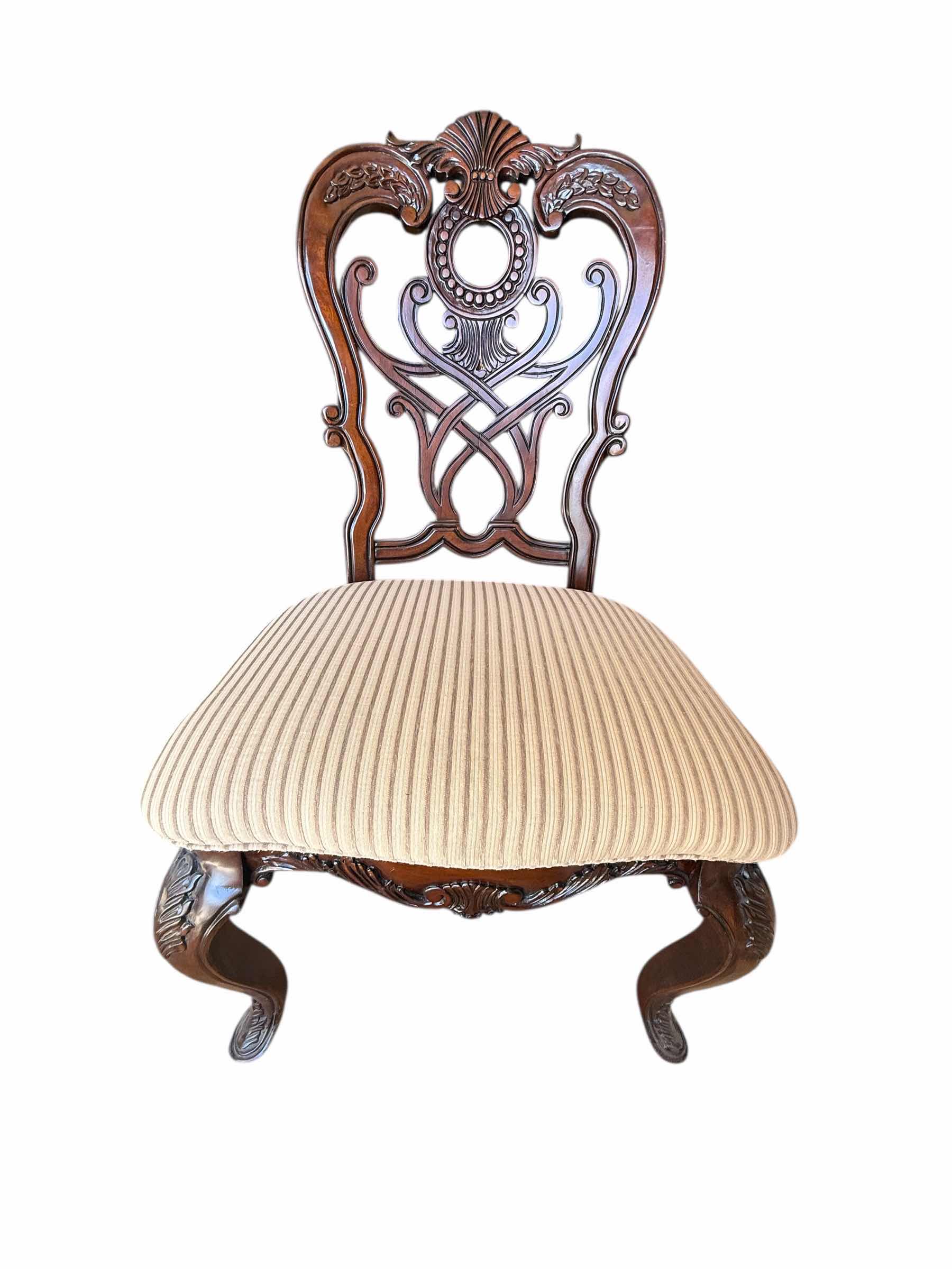 Photo 1 of HEAVY MAHOGANY ORNATE CARVED DINING SIDE CHAIR W BEIGE STRIPED UPHOLSTERED SEAT
