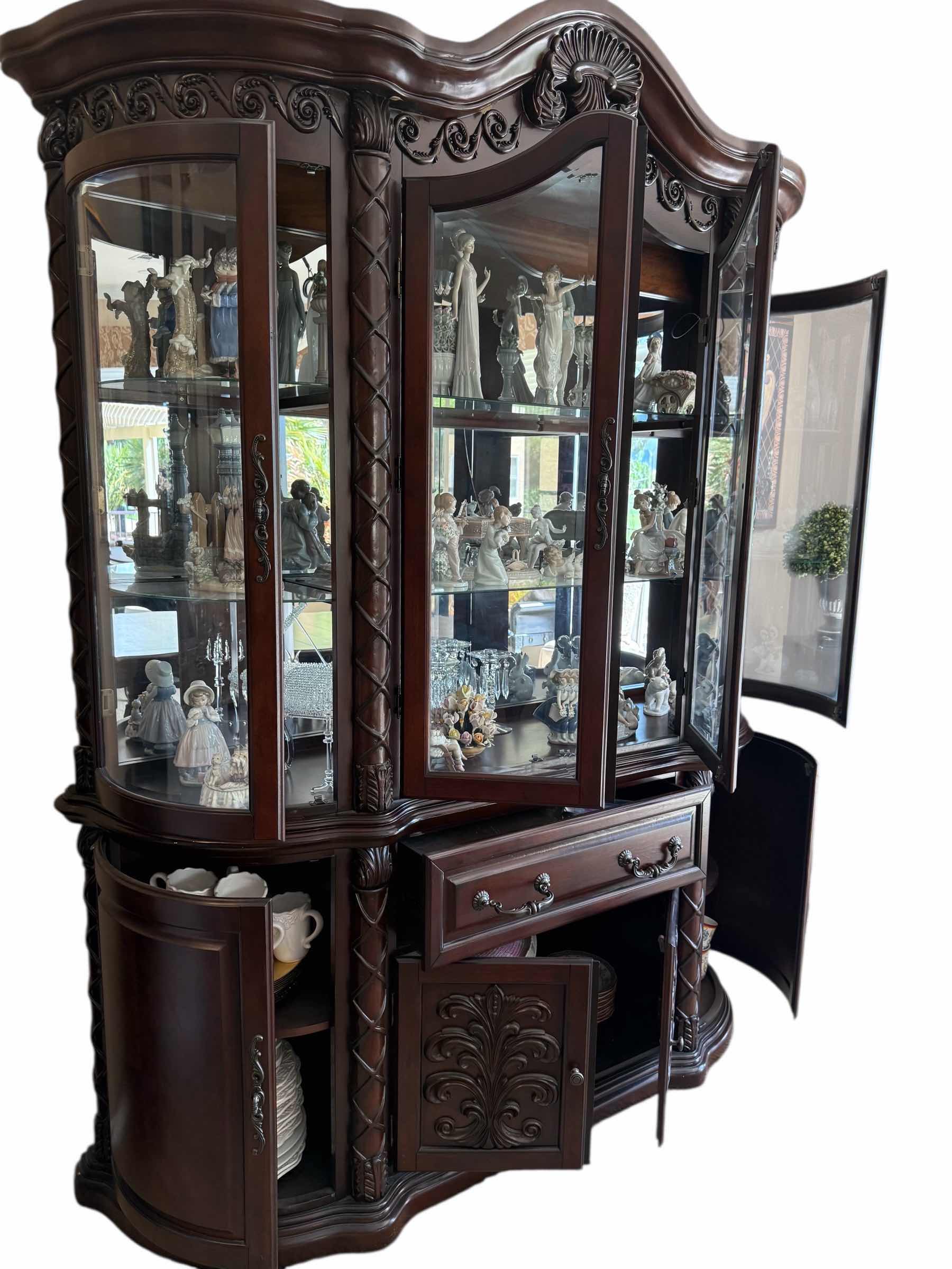 Photo 1 of HEAVY MAHOGANY WOOD ORNATE CARVED DISPLAY BUFFET HUTCH W MIRROR BACK & GLASS SHELVES (2PCS)-CONTENTS NOT INCLUDED 63” x 18” H 90”