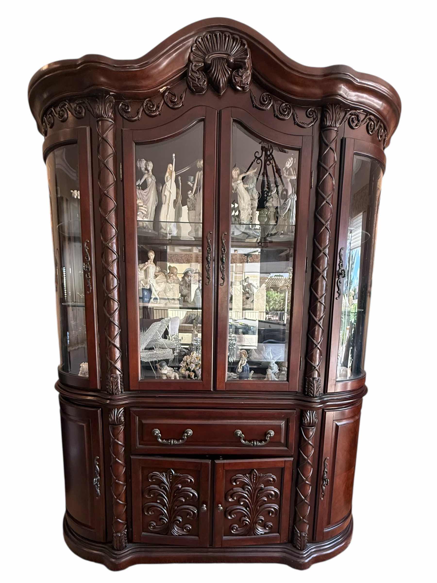 Photo 1 of HEAVY MAHOGANY WOOD ORNATE CARVED DISPLAY BUFFET HUTCH W MIRROR BACK & GLASS SHELVES (2PCS)-CONTENTS NOT INCLUDED 63” x 18” H 90”