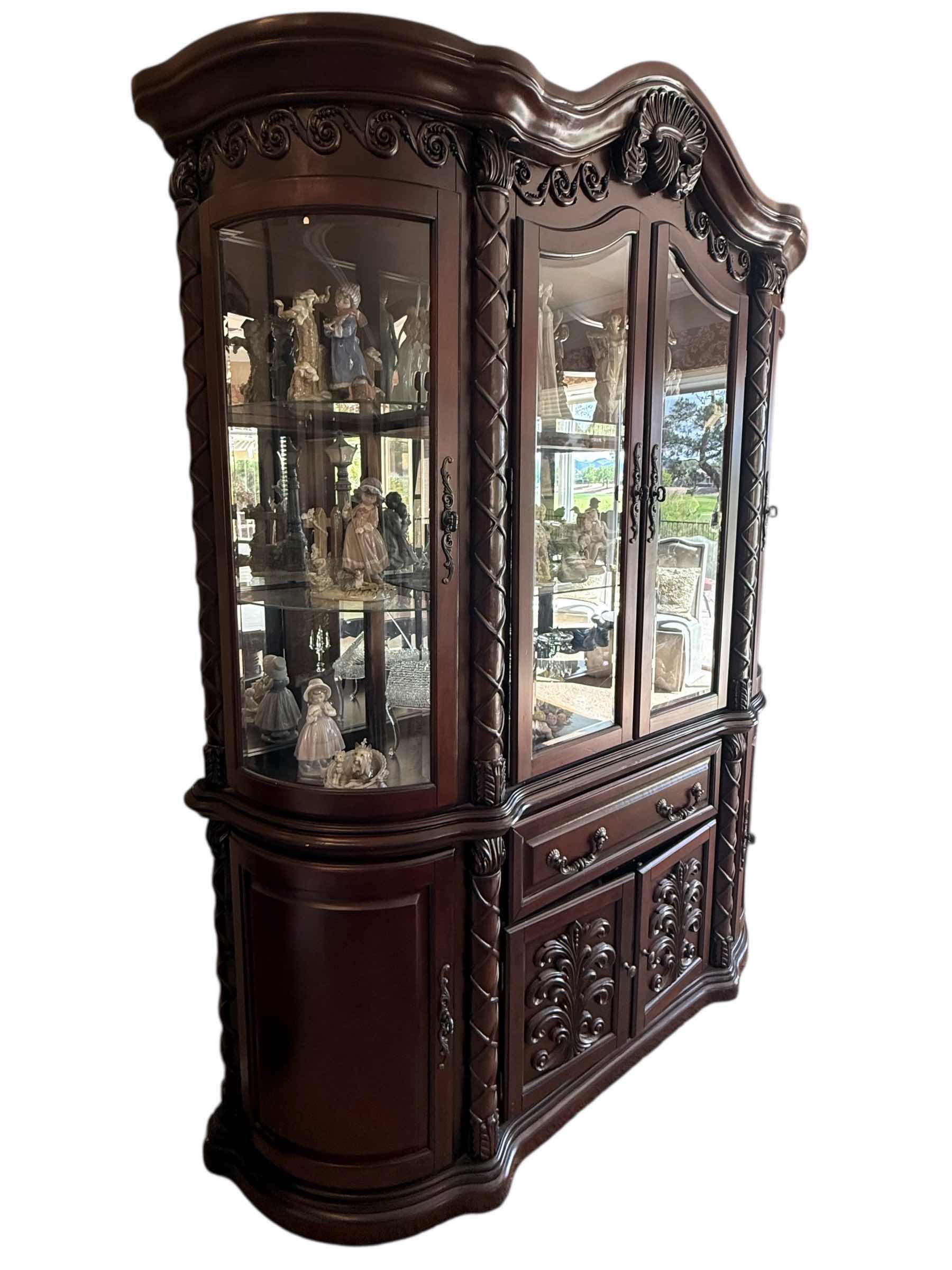 Photo 1 of HEAVY MAHOGANY WOOD ORNATE CARVED DISPLAY BUFFET HUTCH W MIRROR BACK & GLASS SHELVES (2PCS)-CONTENTS NOT INCLUDED 63” x 18” H 90”