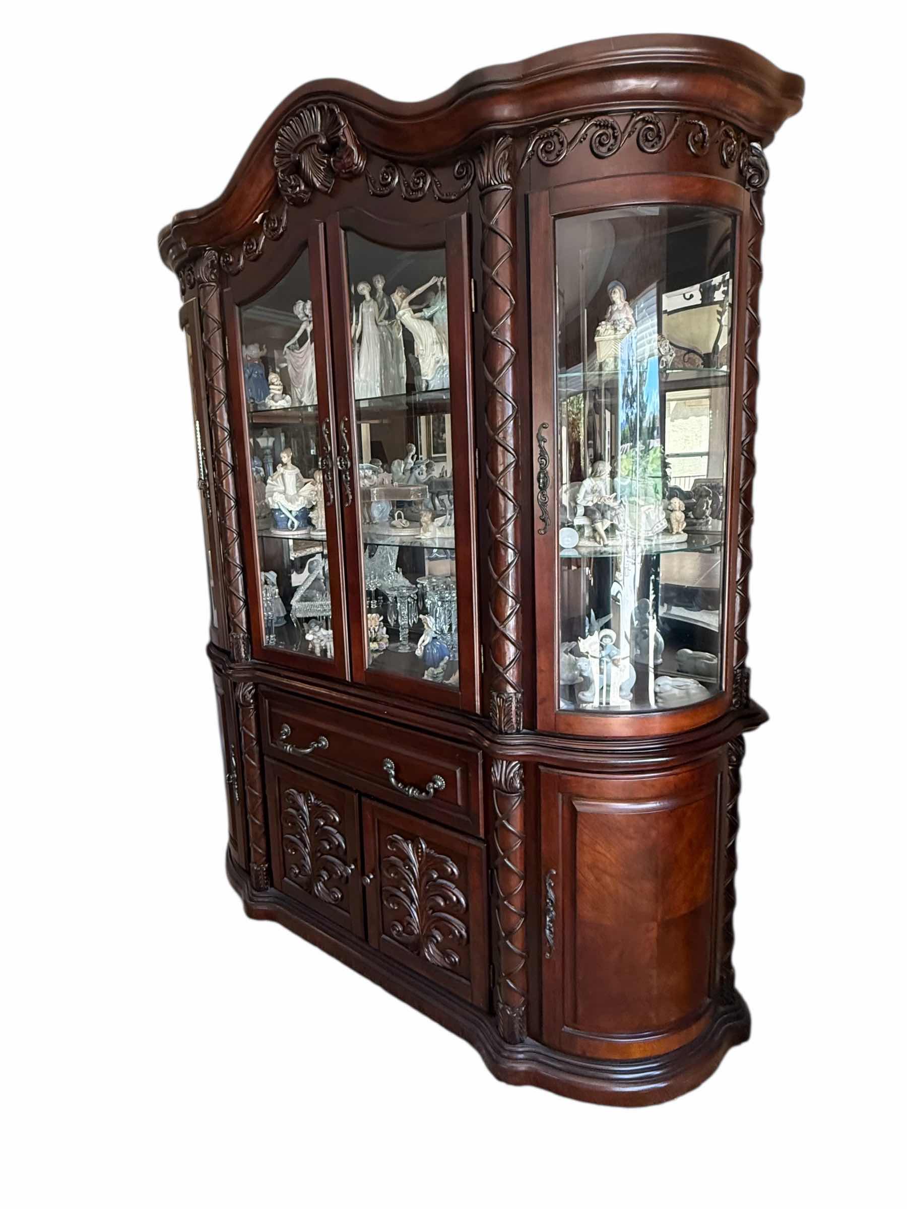 Photo 1 of HEAVY MAHOGANY WOOD ORNATE CARVED DISPLAY BUFFET HUTCH W MIRROR BACK & GLASS SHELVES (2PCS)-CONTENTS NOT INCLUDED 63” x 18” H 90”