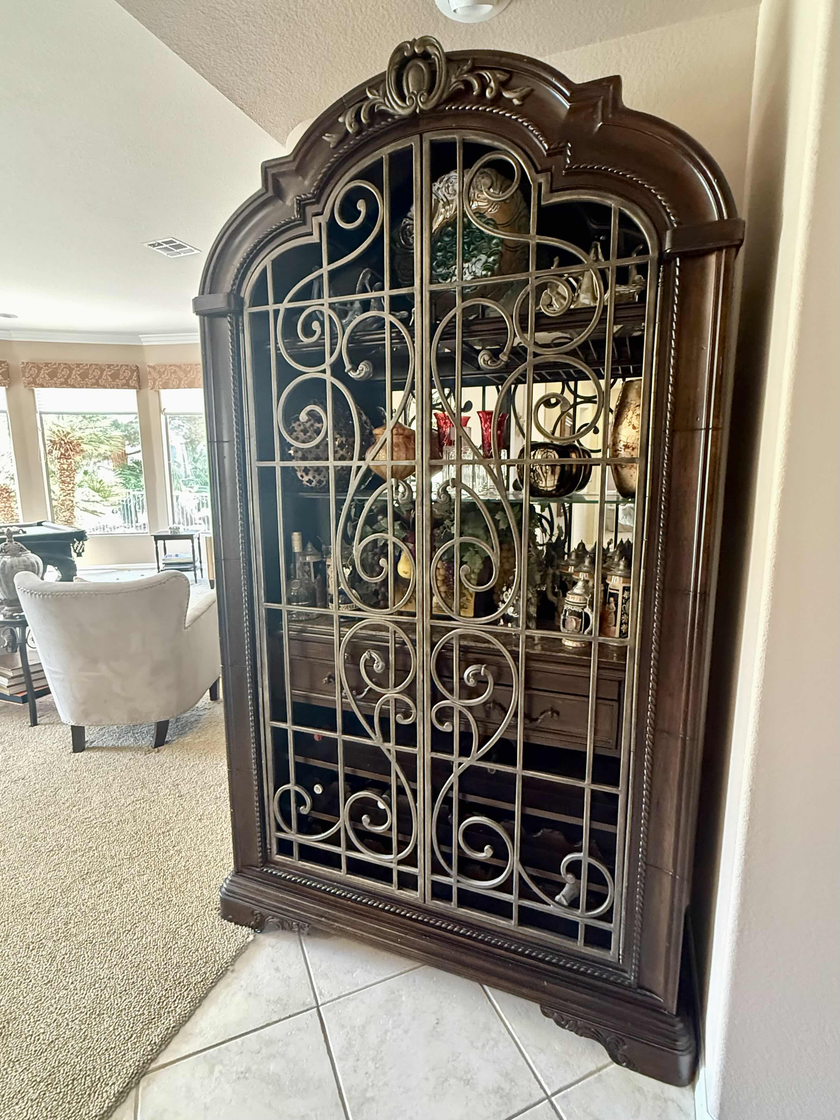 Photo 1 of HEAVY MAHOGANY WOOD W WROUGHT IRON DOORS BAR & WINE CABINET  51” x 19” H92”
