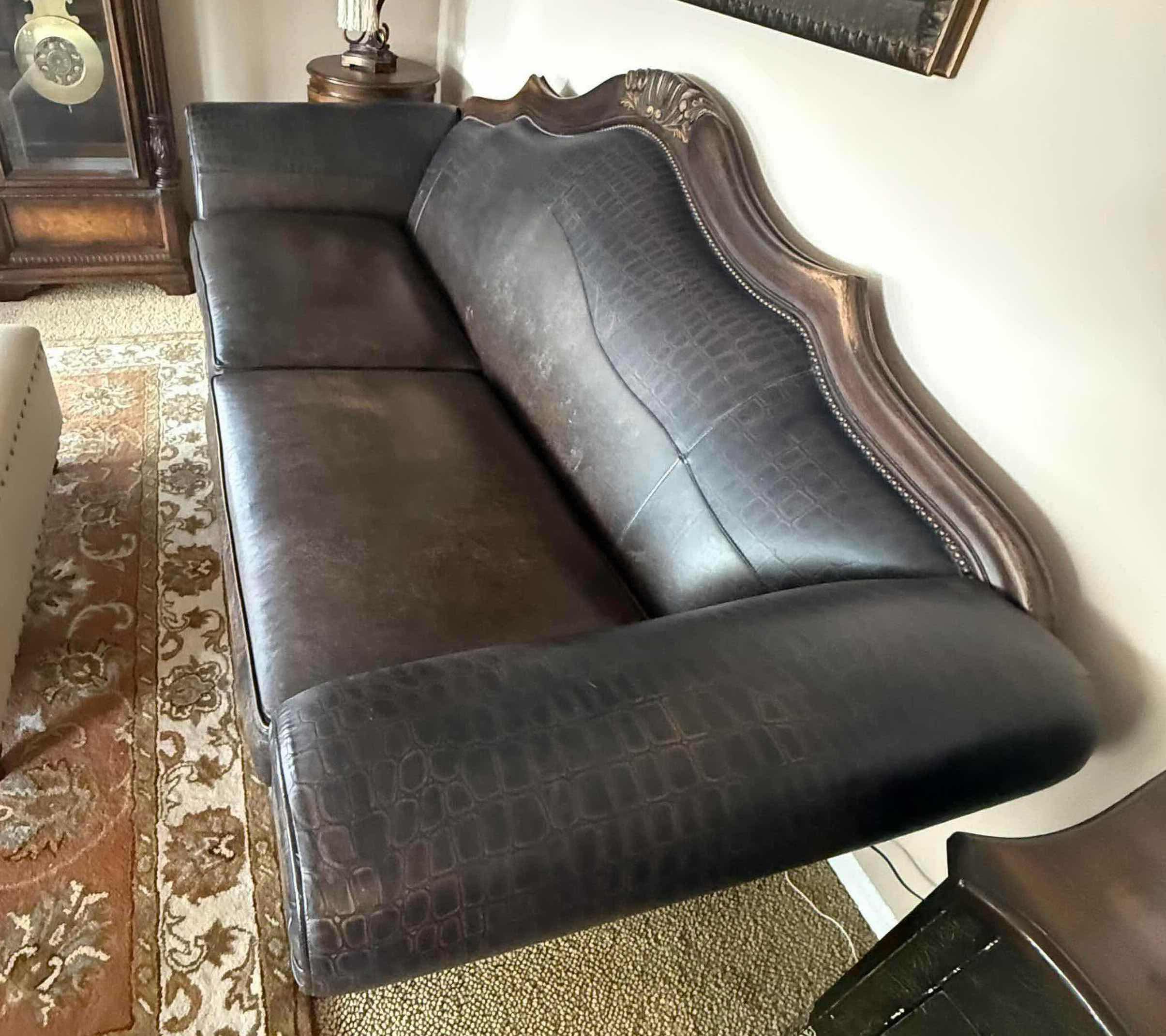 Photo 1 of STICKLEY DARK BROWN LEATHER CARVED SOFA W95” D35”