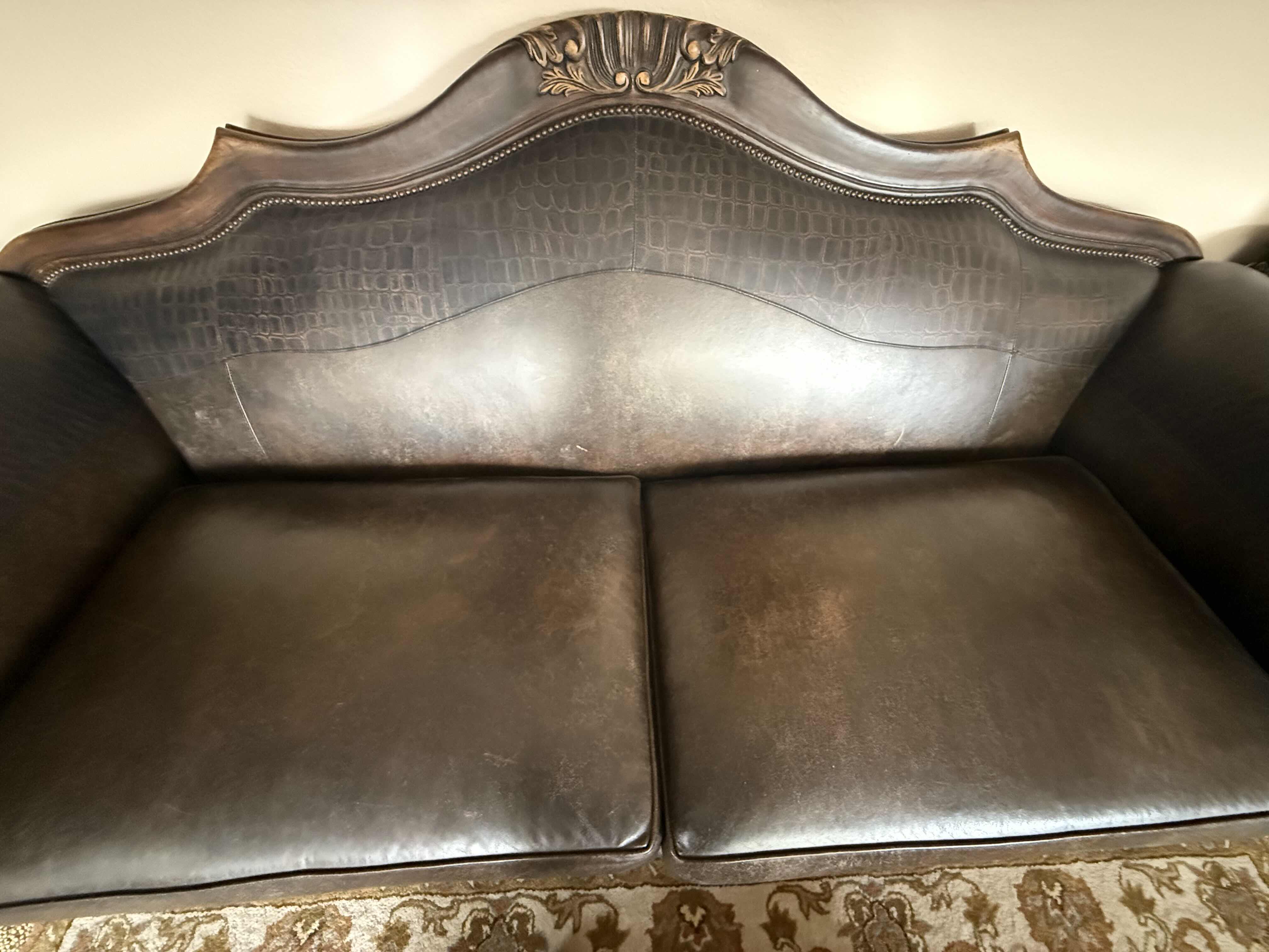 Photo 1 of STICKLEY DARK BROWN LEATHER CARVED SOFA W95” D35”