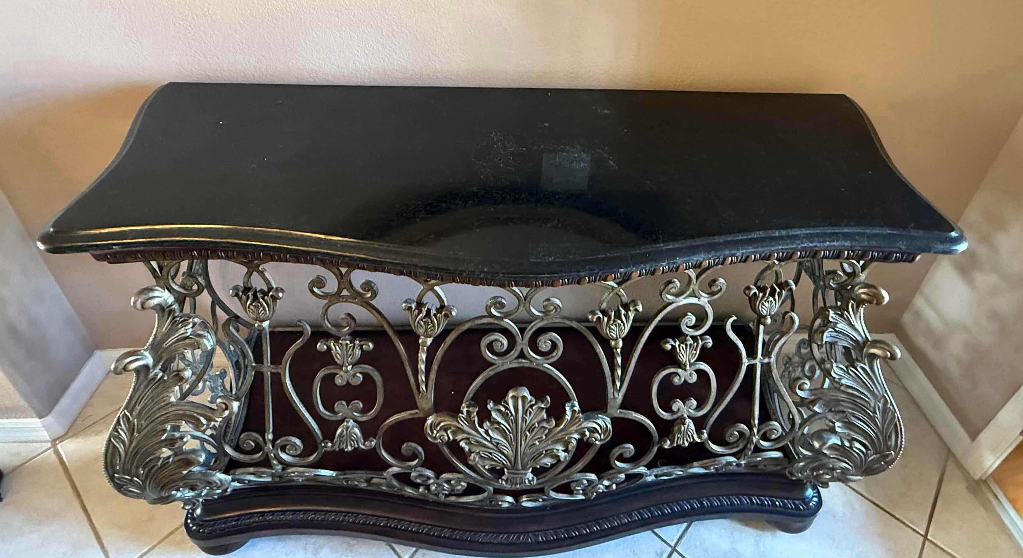 Photo 1 of HEAVY WROUGHT IRON W MAHOGANY WOOD CONSOLE TABLE W BLACK FAUX MARBLE TOP 55” x 19” H36”