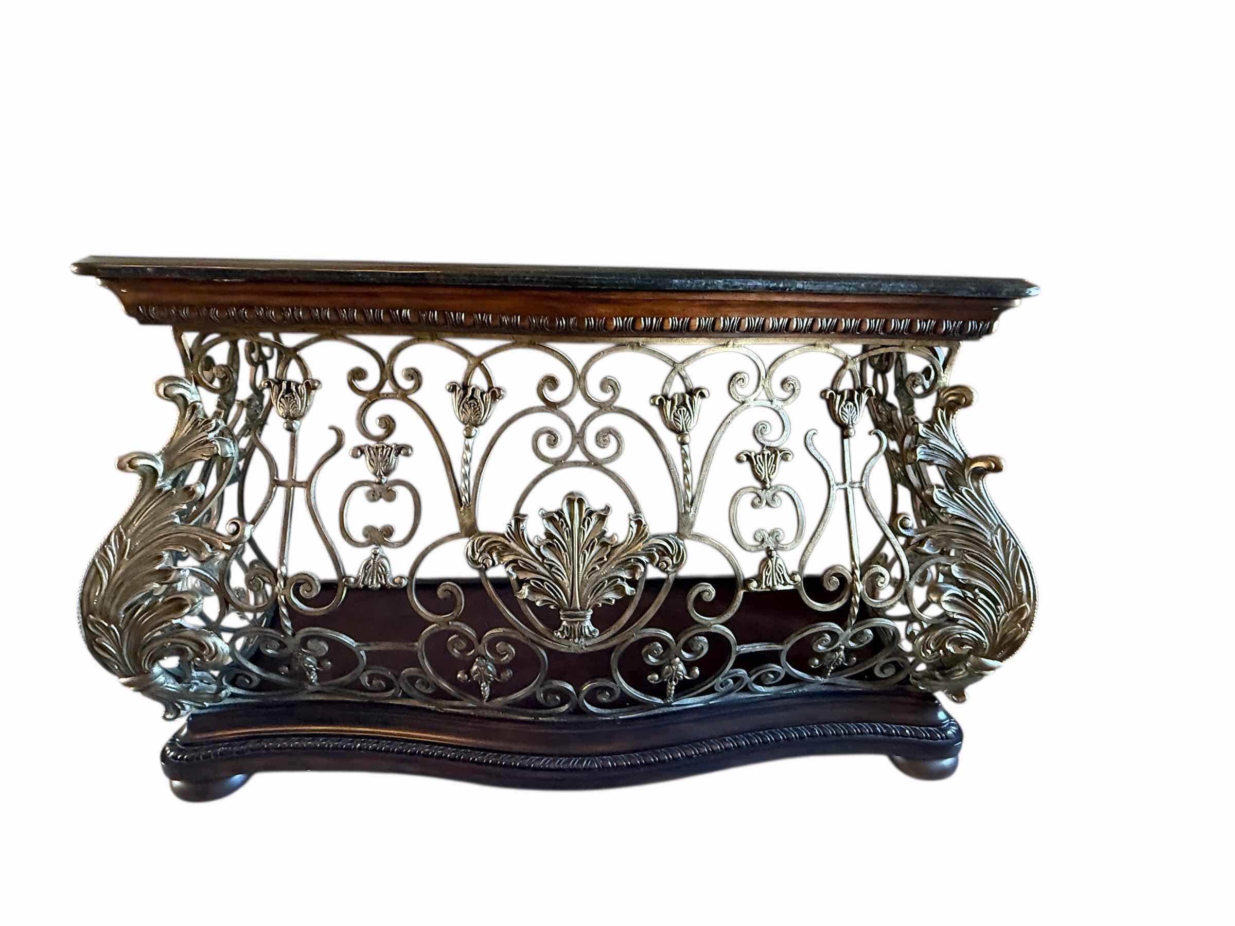 Photo 1 of HEAVY WROUGHT IRON W MAHOGANY WOOD CONSOLE TABLE W BLACK FAUX MARBLE TOP 55” x 19” H36”