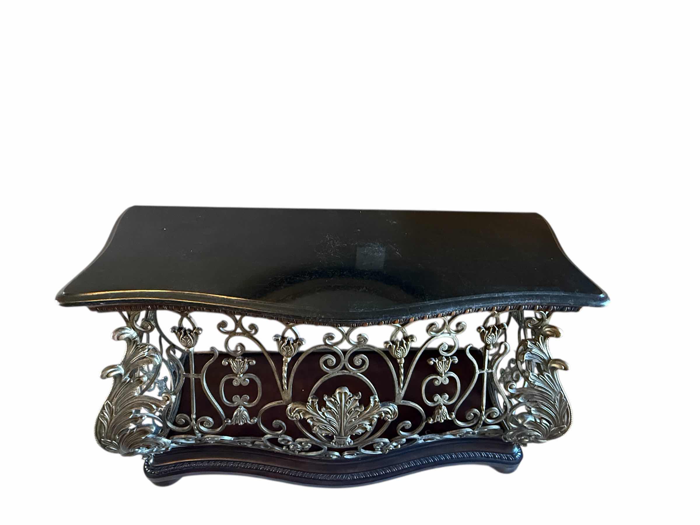 Photo 1 of HEAVY WROUGHT IRON W MAHOGANY WOOD CONSOLE TABLE W BLACK FAUX MARBLE TOP 55” x 19” H36”
