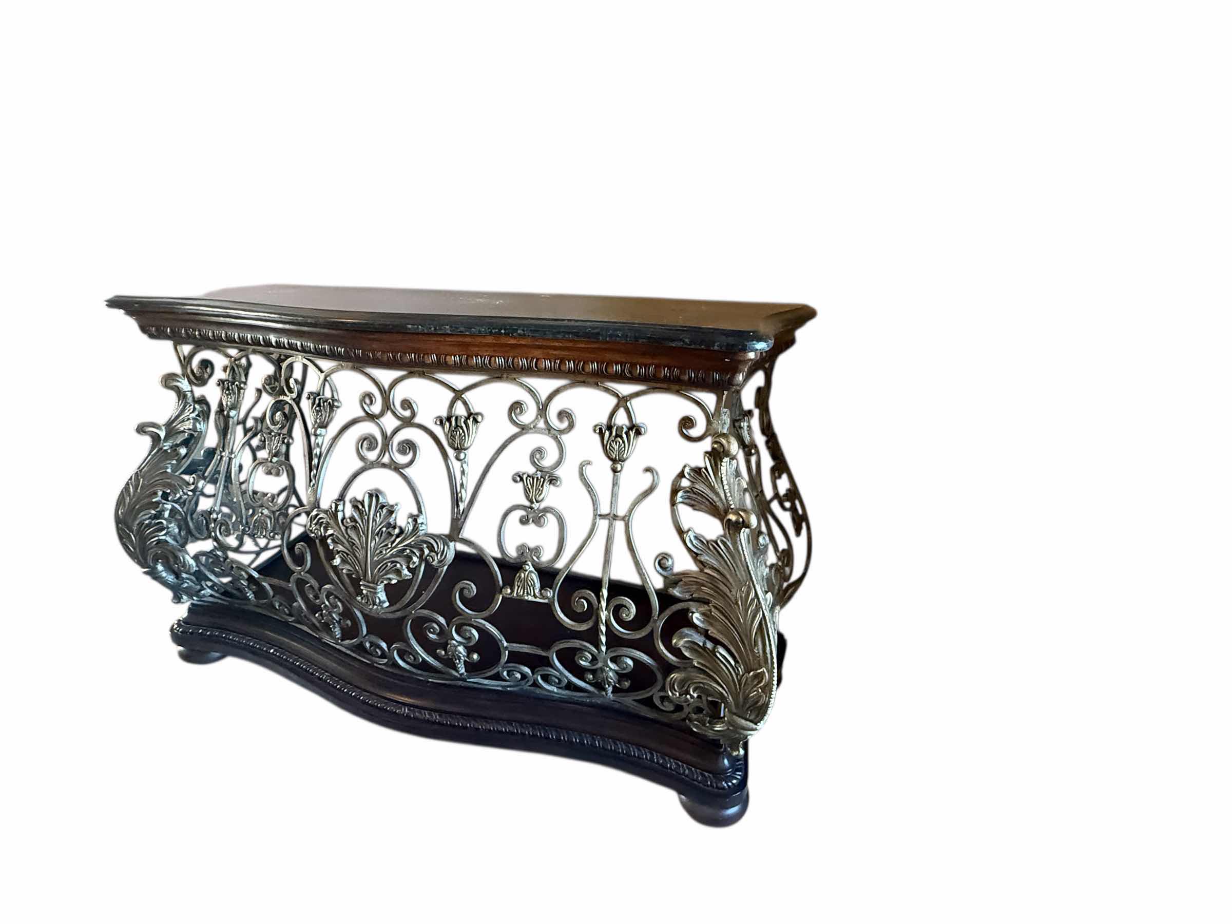 Photo 1 of HEAVY WROUGHT IRON W MAHOGANY WOOD CONSOLE TABLE W BLACK FAUX MARBLE TOP 55” x 19” H36”