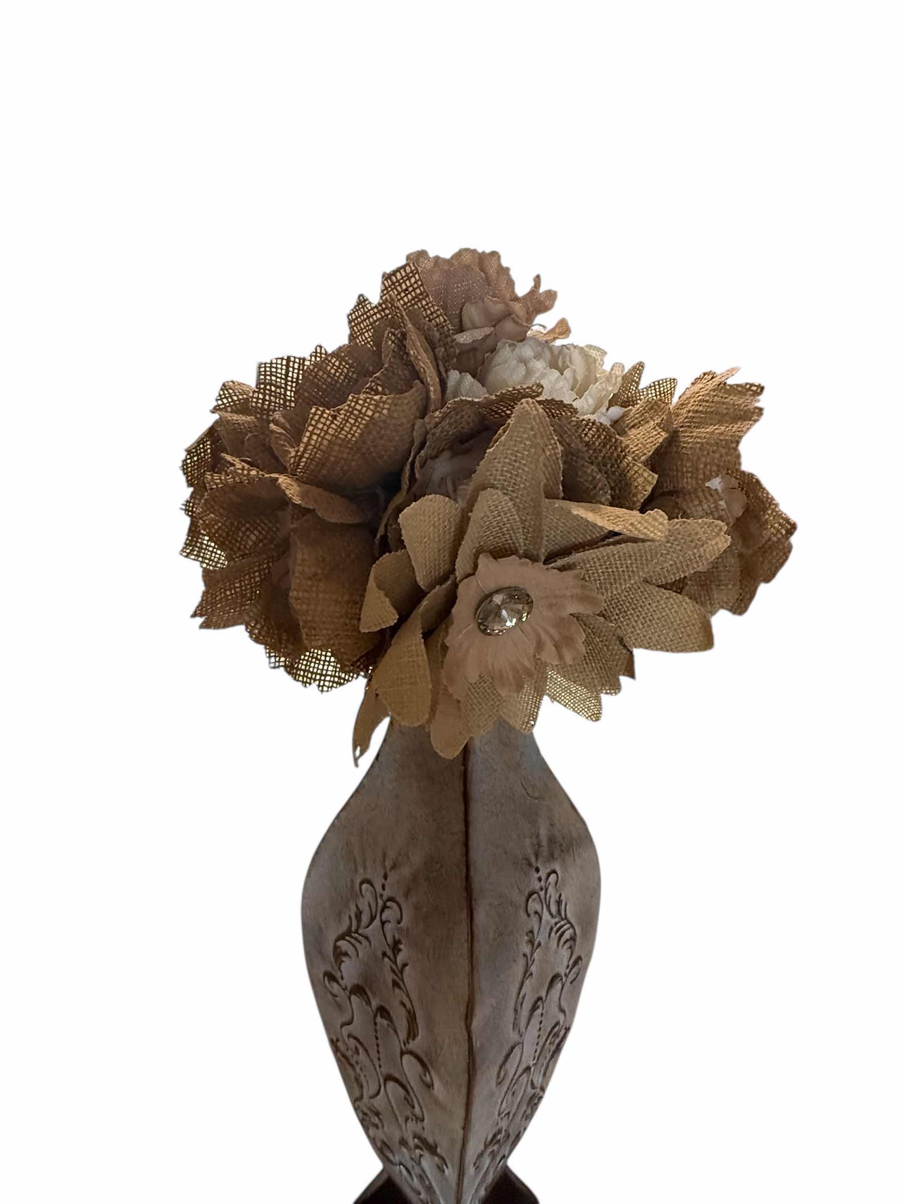 Photo 1 of TALL BROWN W TAN METAL VASE W TAN FABRIC FAUX FLOWERS W12” H35”