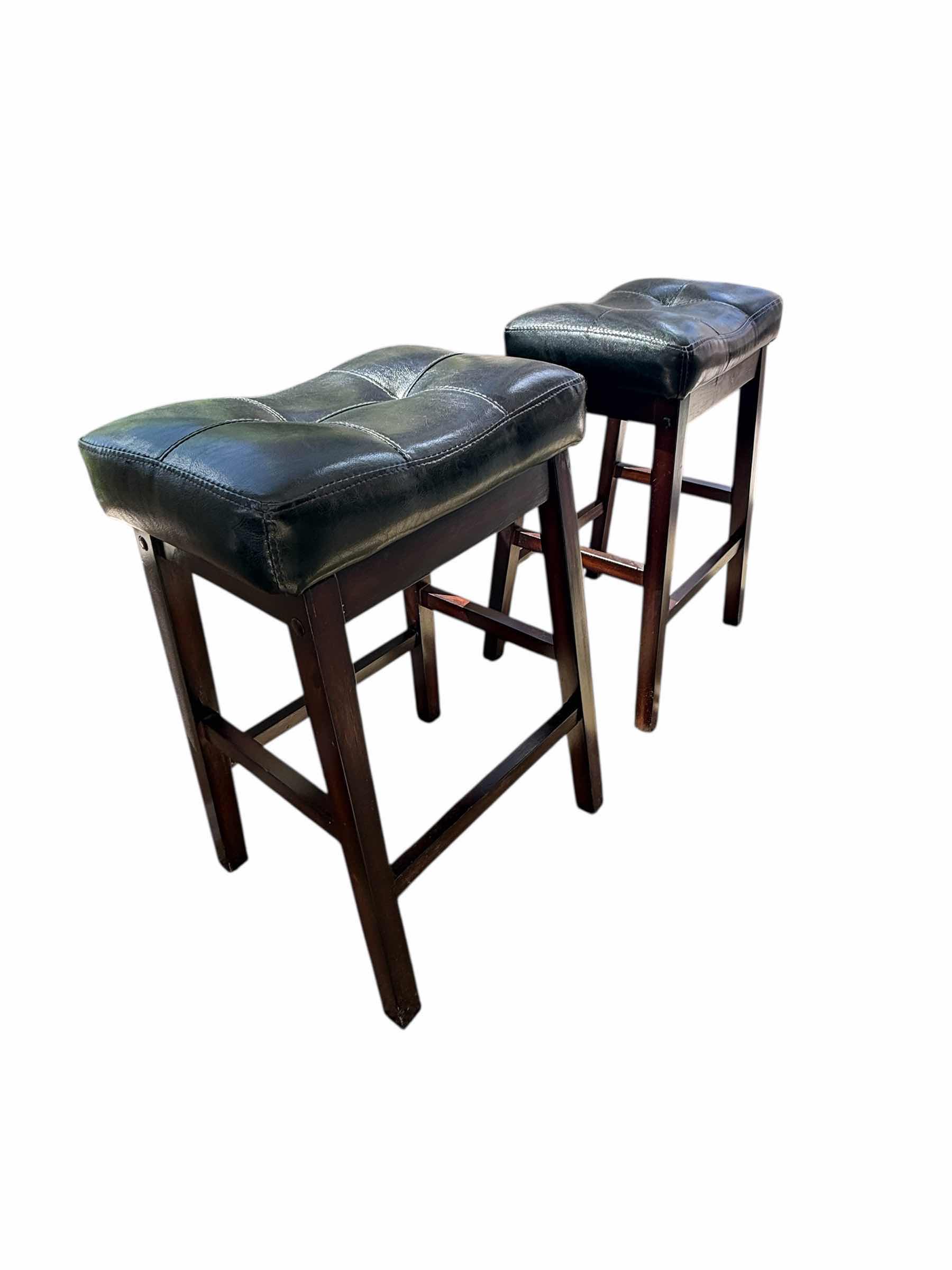 Photo 1 of 2-BLACK LEATHER W WOOD LEGS BAR STOOLS W17” H25”